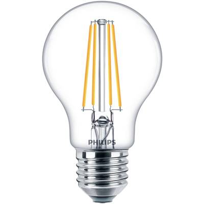LED žárovka od známé značky s průhledným skleněným tělem a viditelnými vlákny, která emitují teplé bílé světlo.