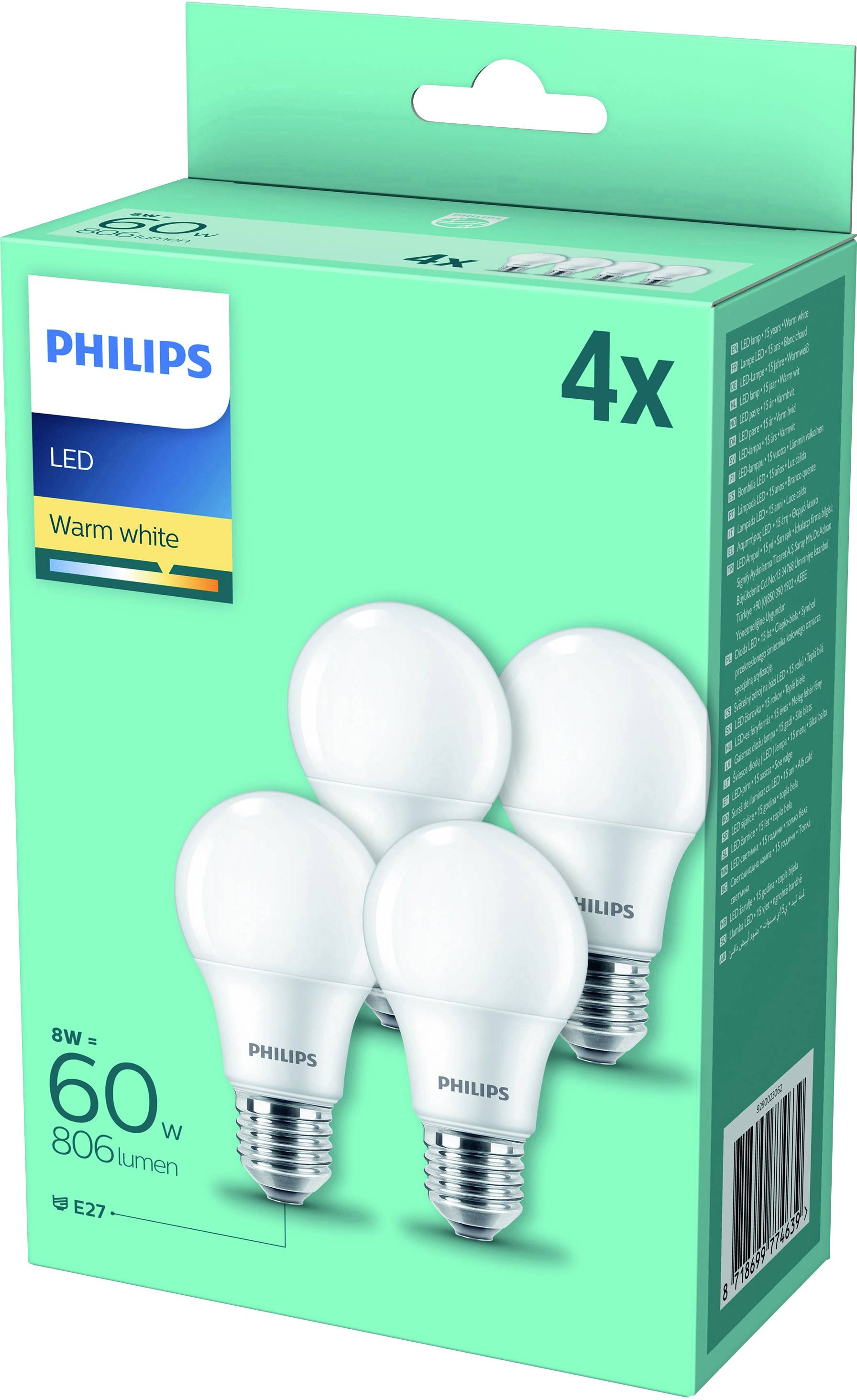 Čtyři LED žárovky Philips v teplé bílé barvě na zeleném kartonu. Na obalu je uvedeno '8W = 60W, 806 lumenů, E27'.