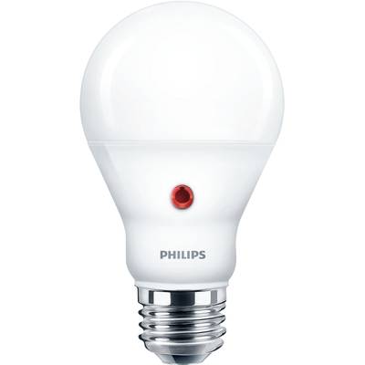 Bílá LED žárovka s červeným bodem a kovovým paticí s nápisem "Philips".