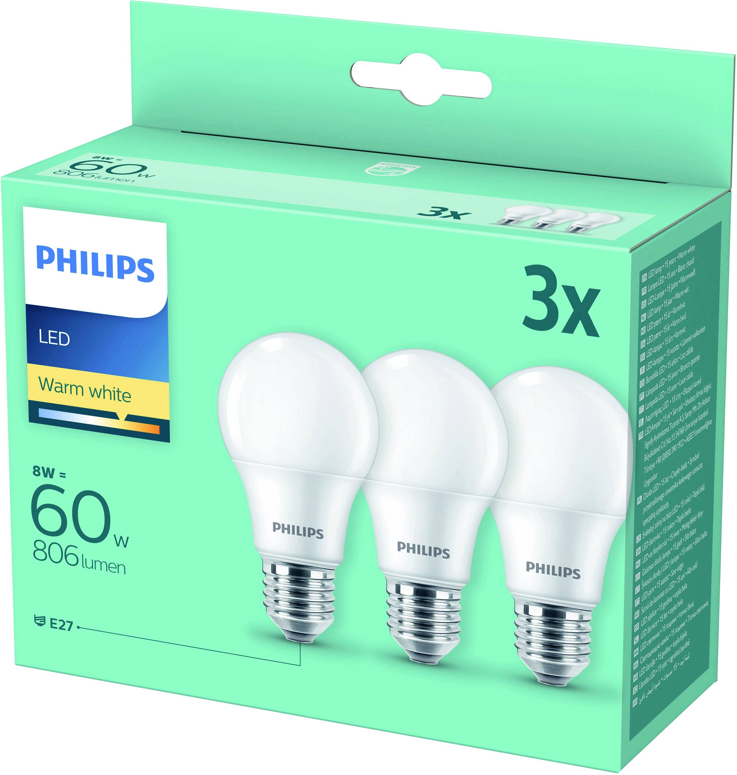 Philips LED žárovky, teplé bílé barvy, 8W náhrada za 60W, 806 lumenů, E27, balení 3 kusů. Úsporné a dlouhodobě spolehlivé.
