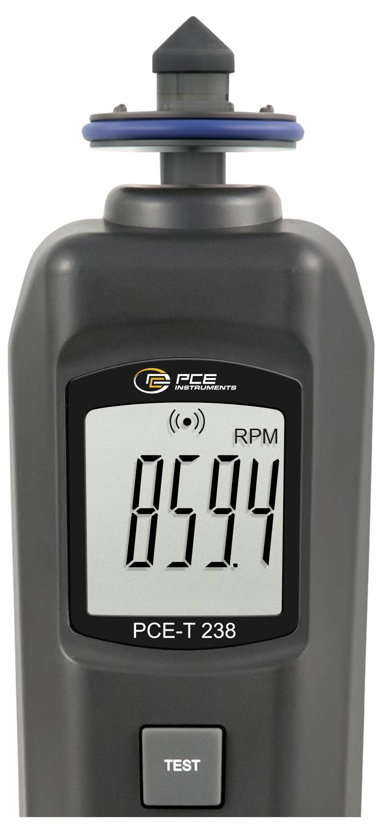 Ruční digitální otáčkoměr zobrazující na displeji 859,4 RPM s tlačítkem „TEST" níže.
