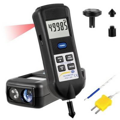 Přenosný digitální tachometr se sadou zobrazující černý měřič s LCD displejem zobrazujícím hodnotu 49985, optickou senzorovou základnou, vyměnitelnými adaptéry a sondami.