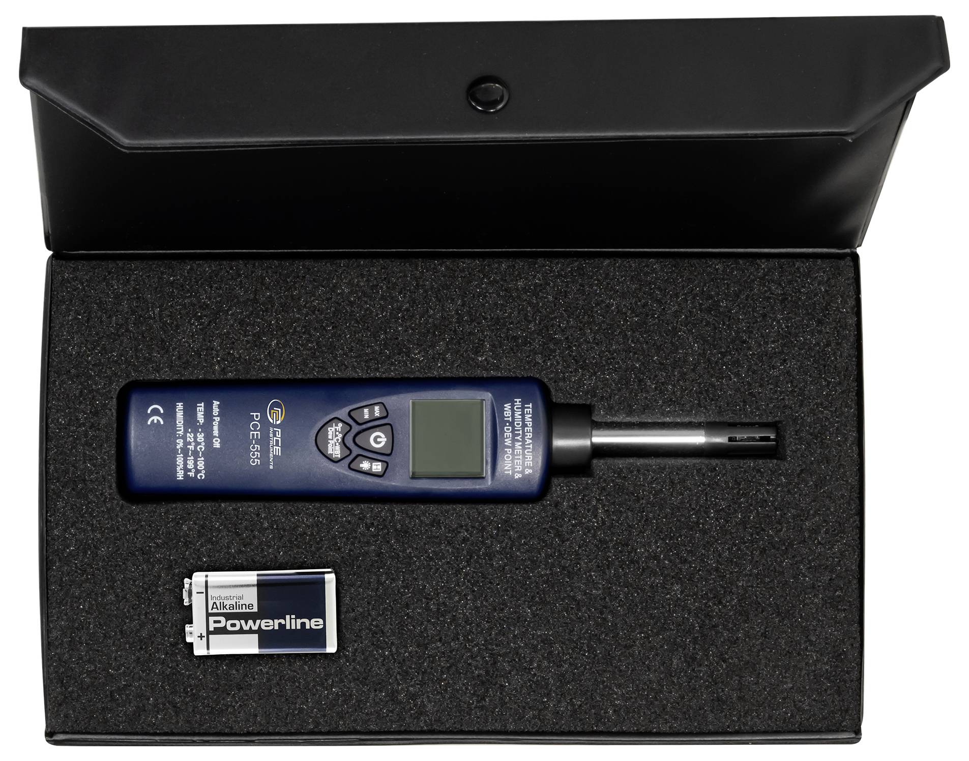 Přenosný měřič elektromagnetického pole PCE-EMF 828 v černém pouzdře se zahrnutou baterií 9V.