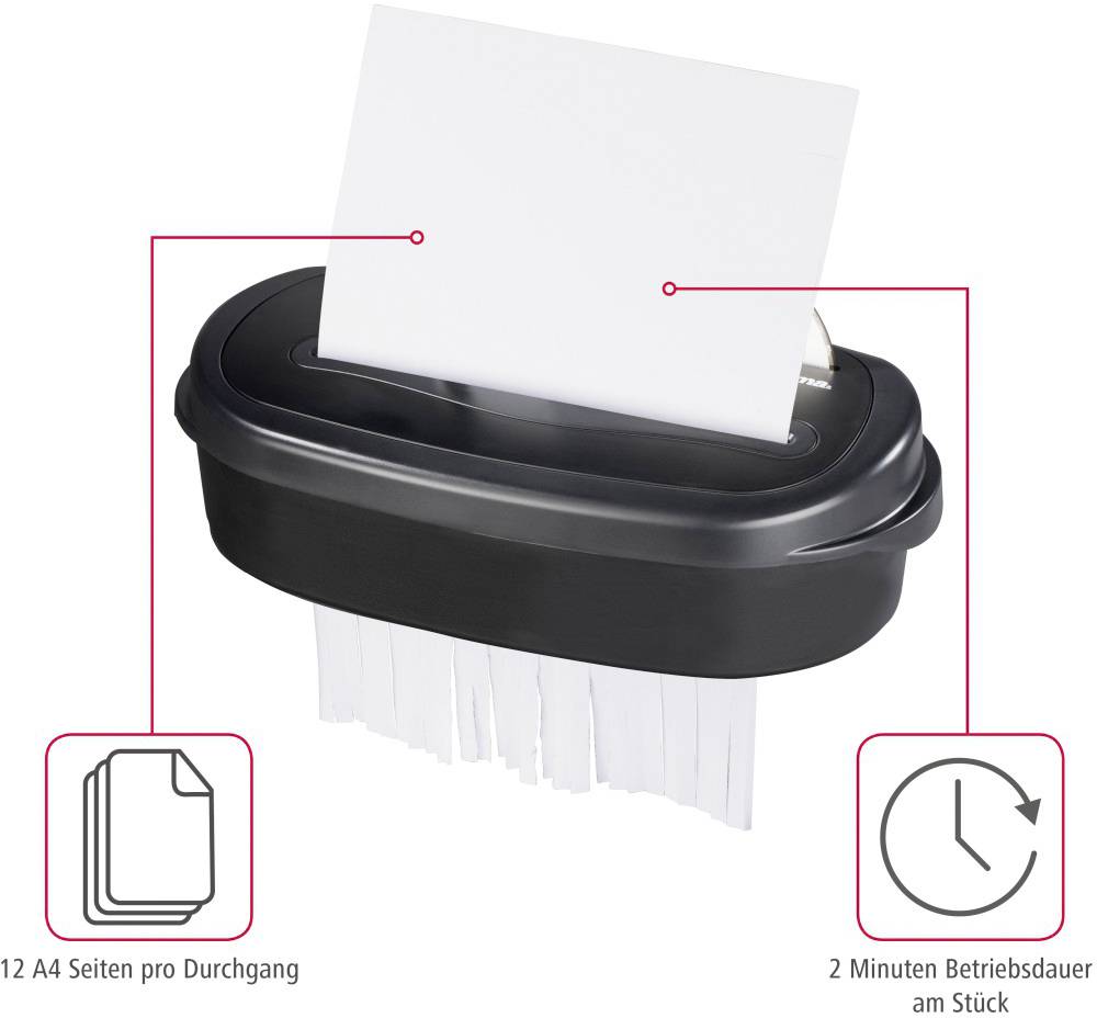 Černá skartovačka drtí list papíru. Popisy uvádějí „12 listů A4 na jeden průchod" a „2 minuty nepřetržitého provozu".