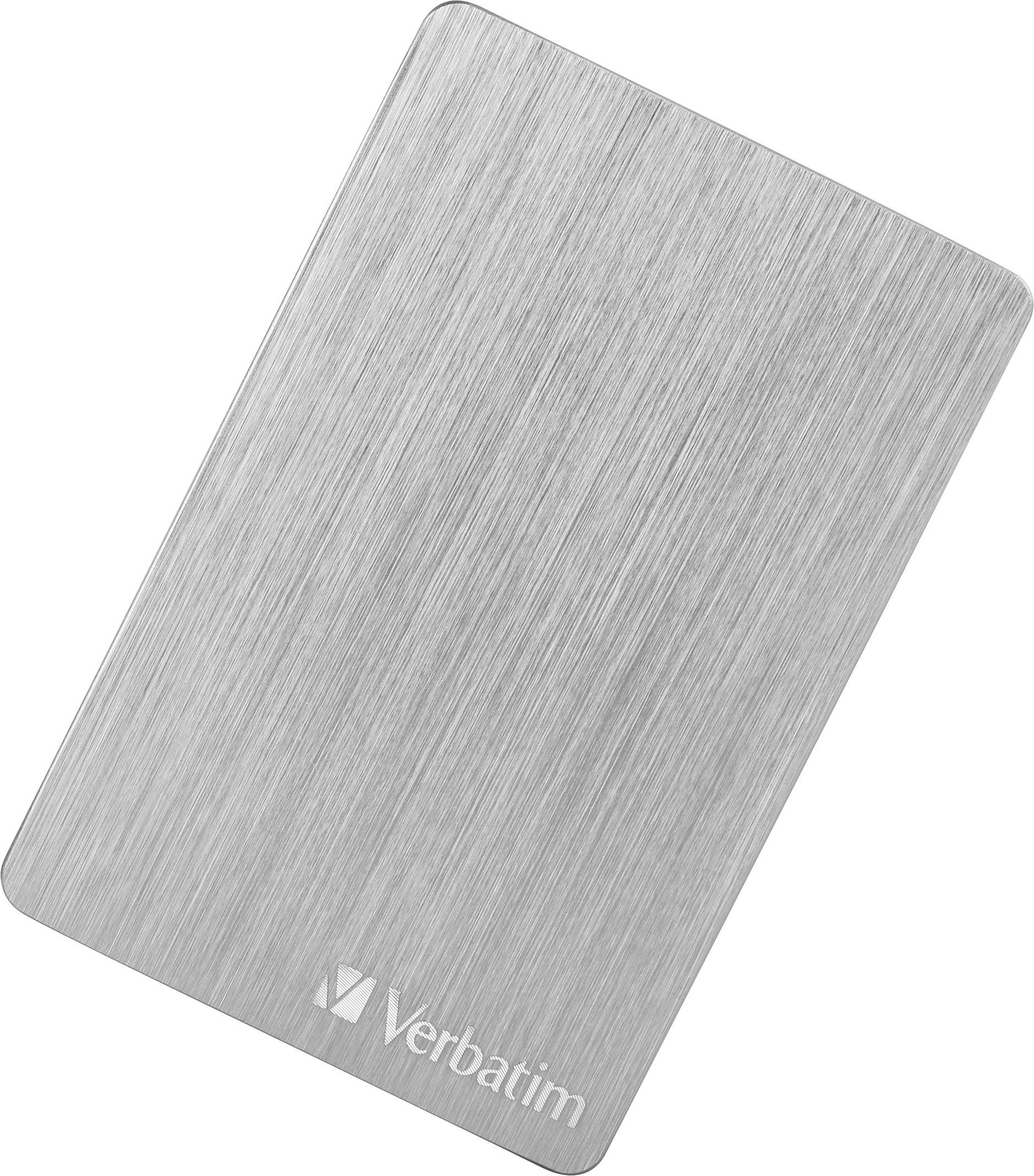 Stříbrný, obdélníkový pevný disk s kartáčovaným kovovým povrchem a logem 'Verbatim' v dolním rohu.