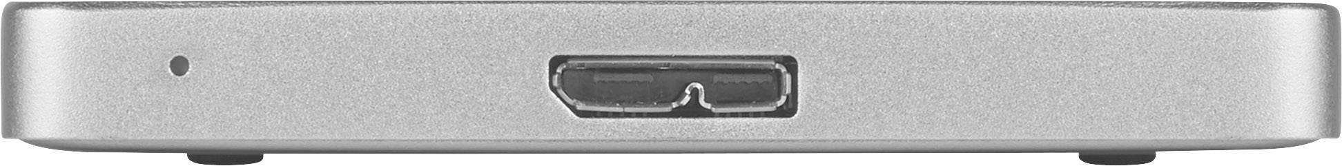 Stříbrné elektronické zařízení s HDMI portem uprostřed, pohled zepředu.