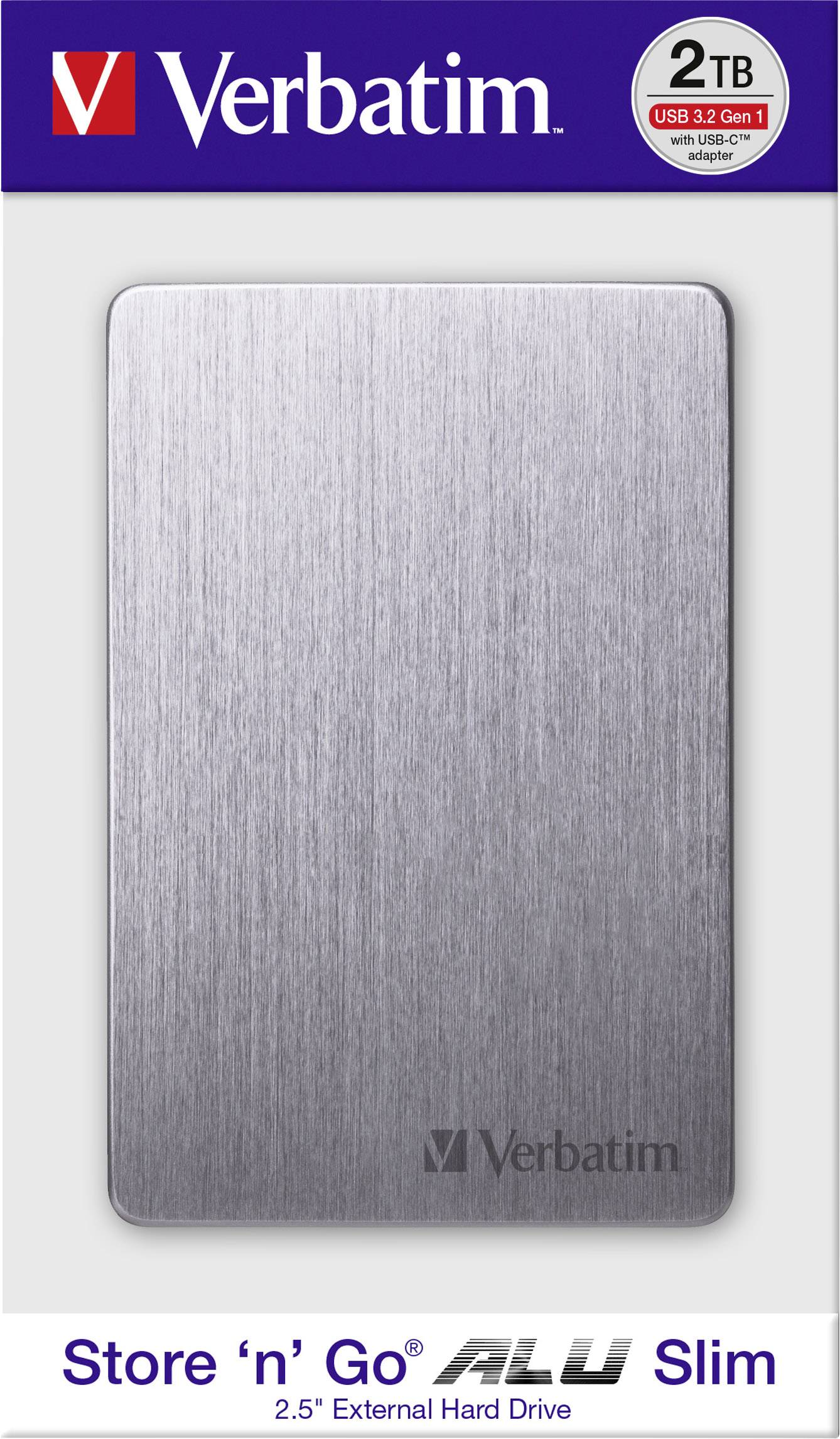 Verbatim 2TB Store 'n' Go ALU 2,5" externí pevný disk, zobrazený na obalu v šedé a bílé barvě. Logo značky v levém horním rohu.