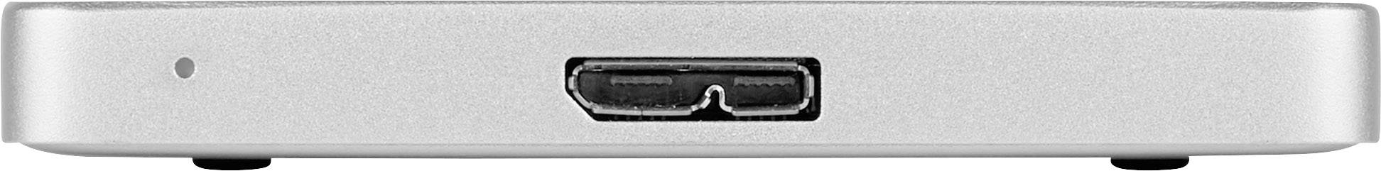 Stříbrné elektronické zařízení s jediným USB portem uprostřed přední strany.