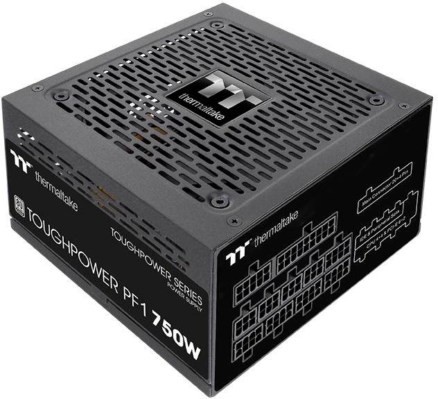 Černý PC zdroj s logem a textem 'Thermaltake Toughpower PF1 750W'. Větrací mřížka nahoře, konektory po straně.