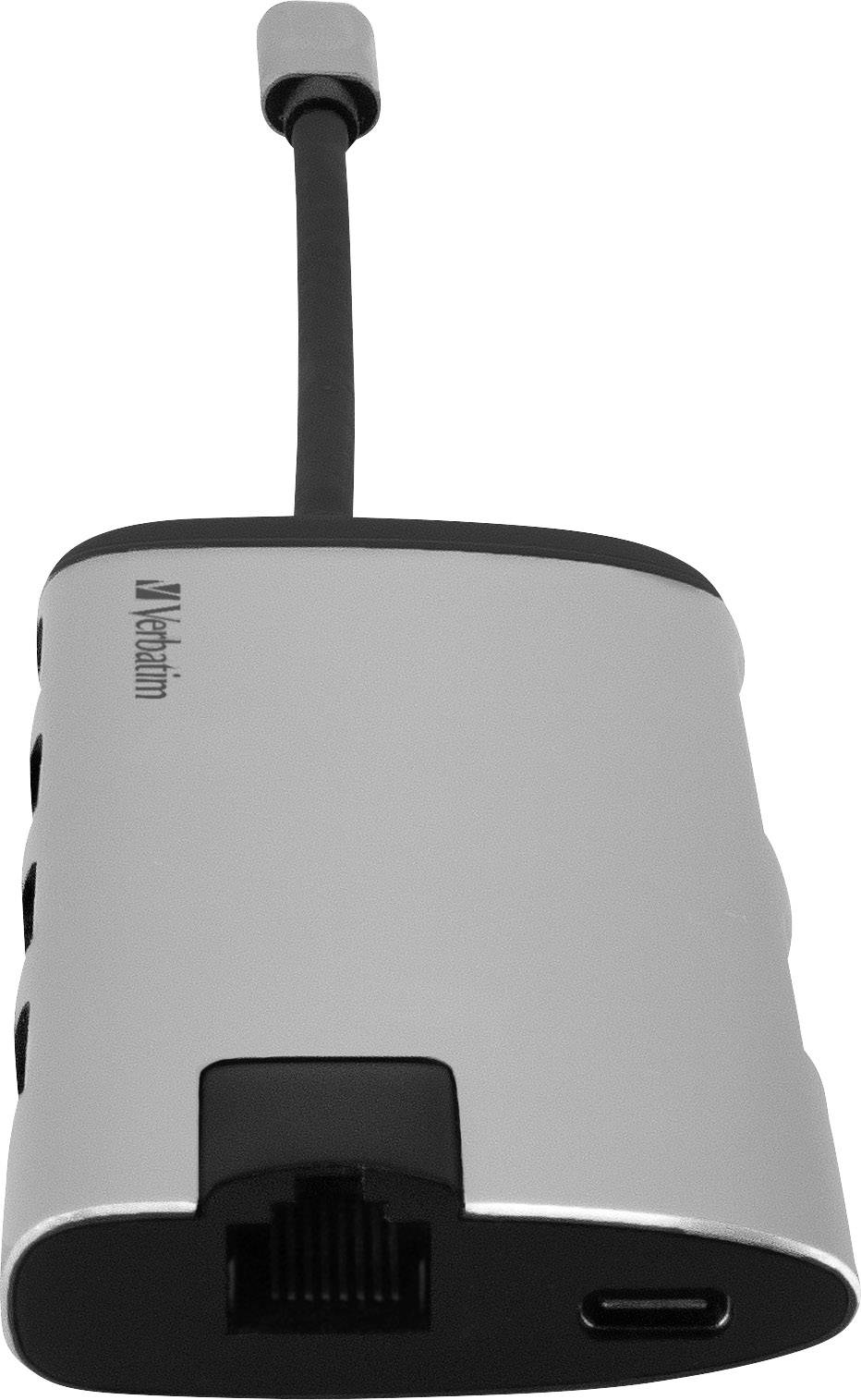 USB-C hub v stříbrné barvě s černým lemováním, zobrazující tři USB porty, jeden ethernetový port a černý připojovací kabel nahoře.