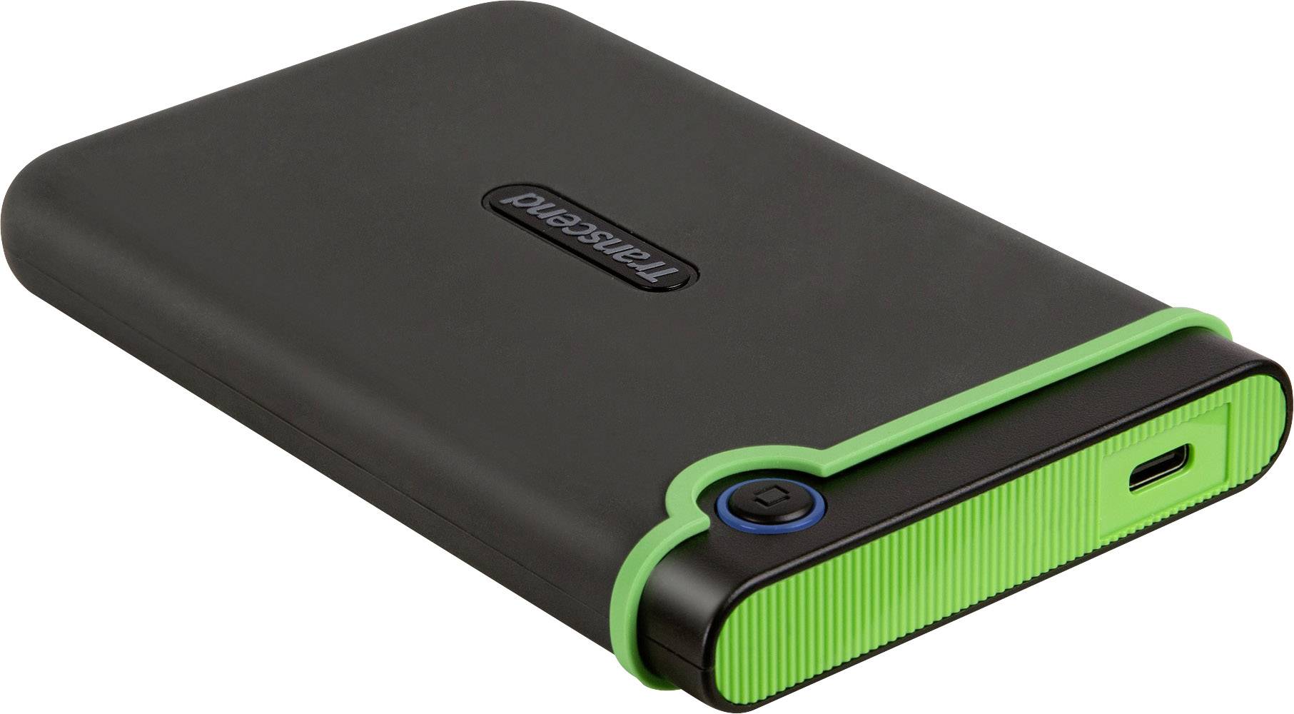 Externí pevný disk, černý se zelenými akcenty, název značky uprostřed, USB port viditelný.