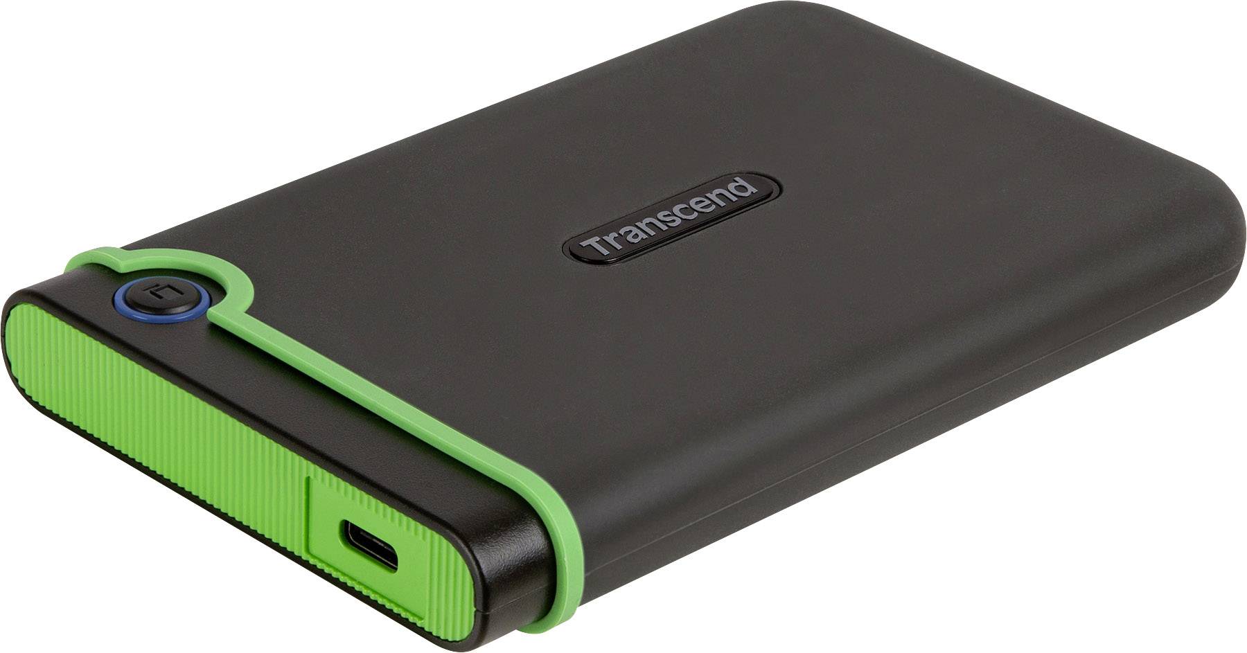 Externí pevný disk se zeleným okrajem a USB připojením, značka 'Transcend'. Ideální pro ukládání a zálohování dat.