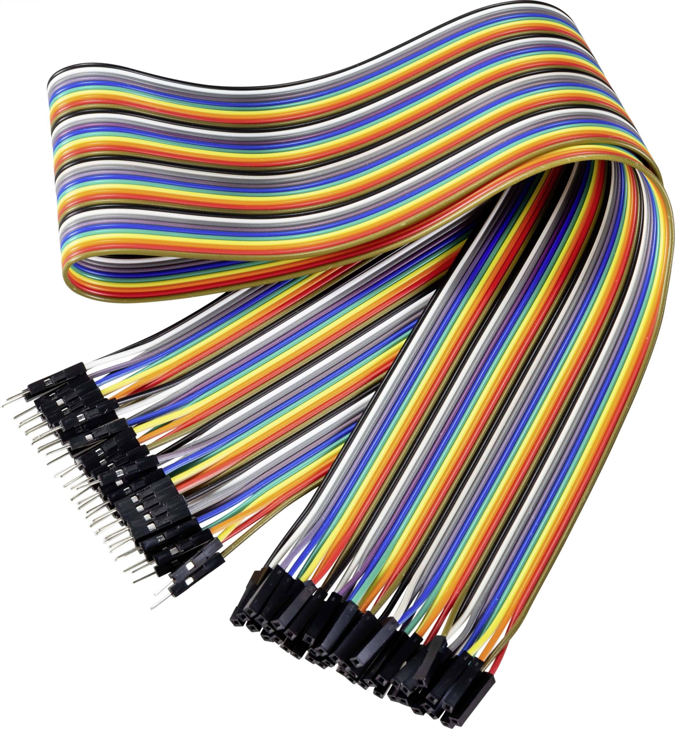 Barevné plochý lankový kabel se zástrčkami; vhodný pro elektronické projekty a Arduino desky, umožňuje flexibilní propojení.