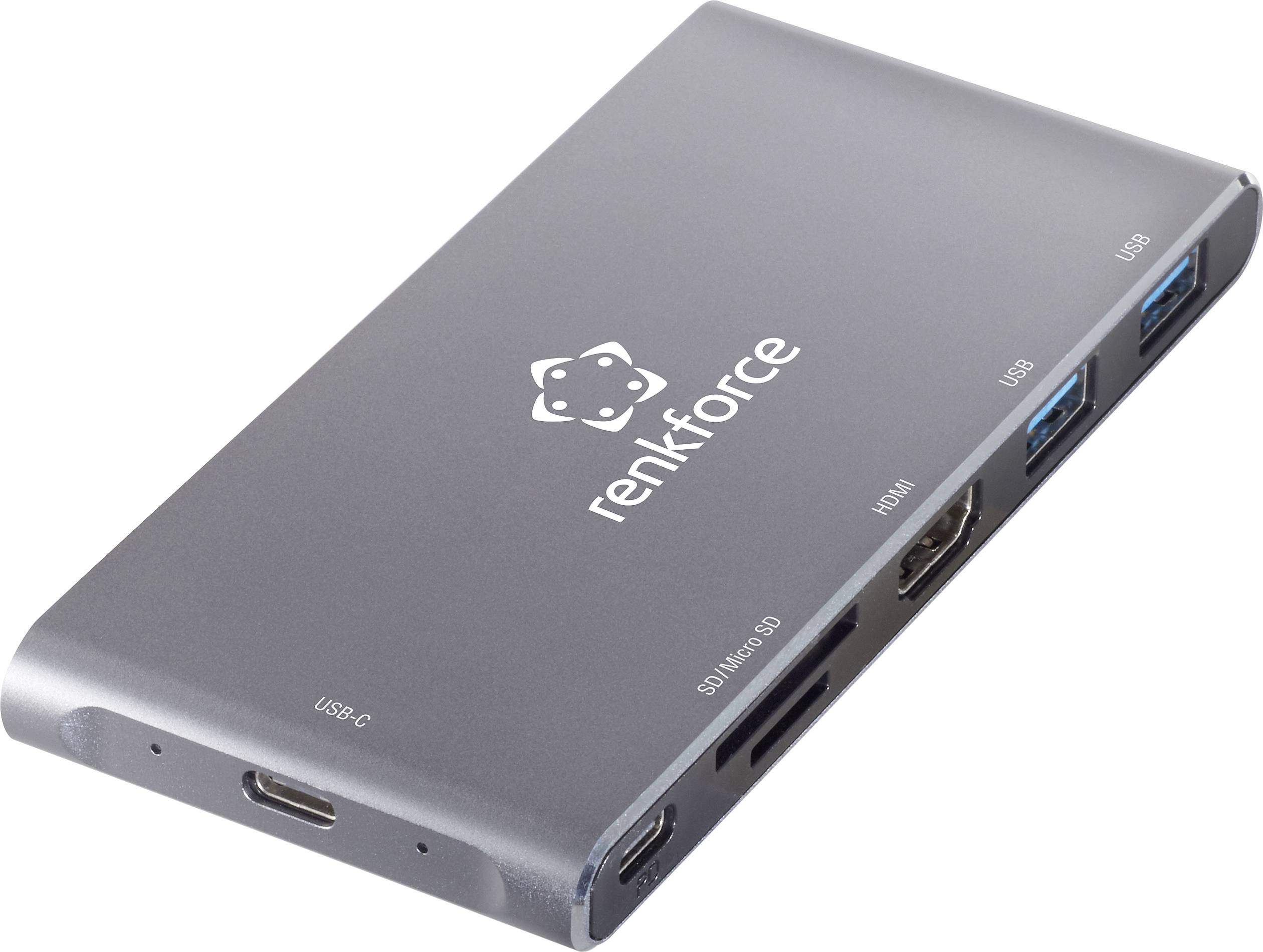 Stříbrný USB-C hub od 'renkforce' s porty pro USB, HDMI, SD/Micro-SD a USB-C. Ideální pro připojení několika zařízení.