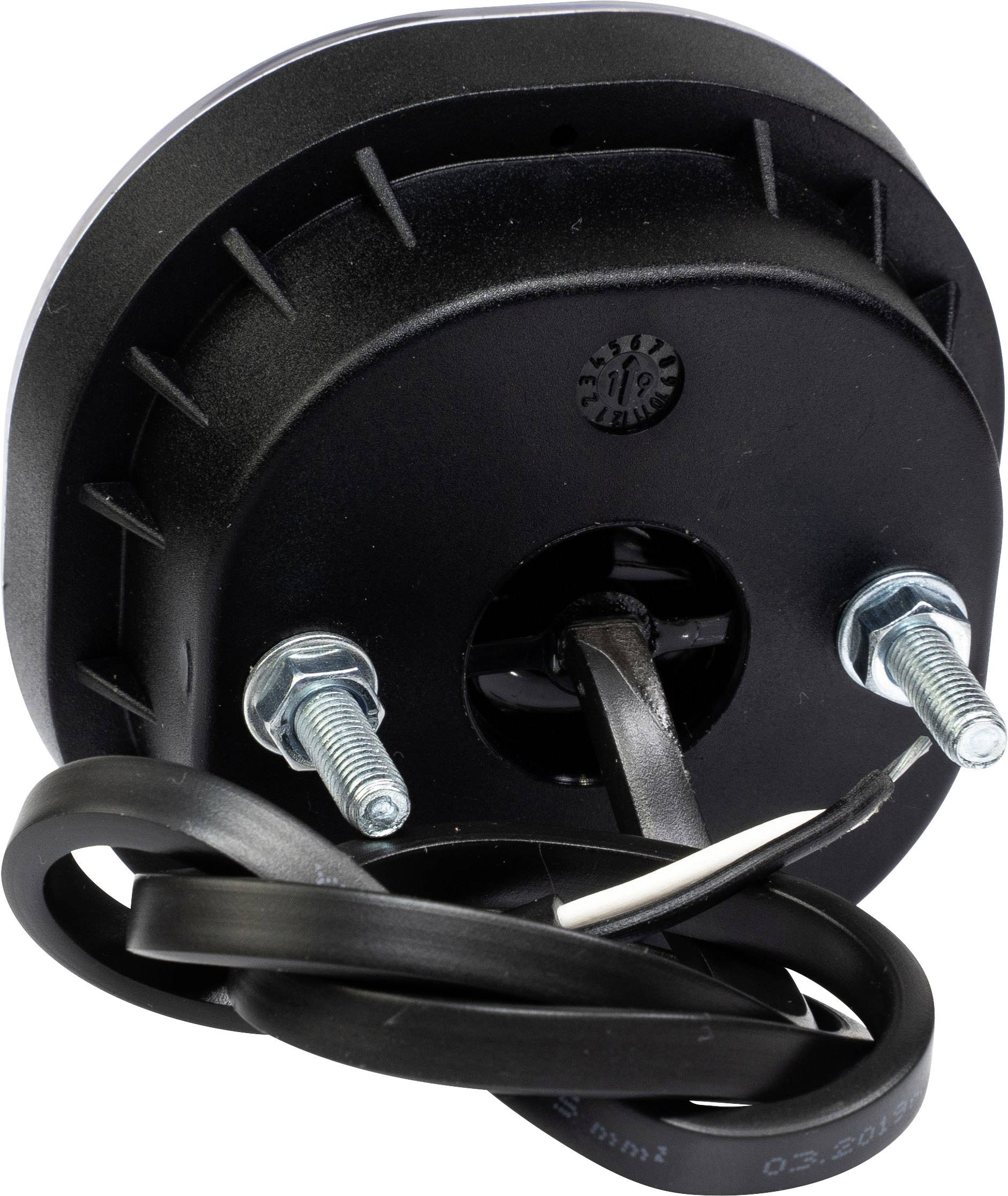 Zadní pohled na kulatou černou LED lampu s kabely a šrouby, určenou k upevnění na povrch.