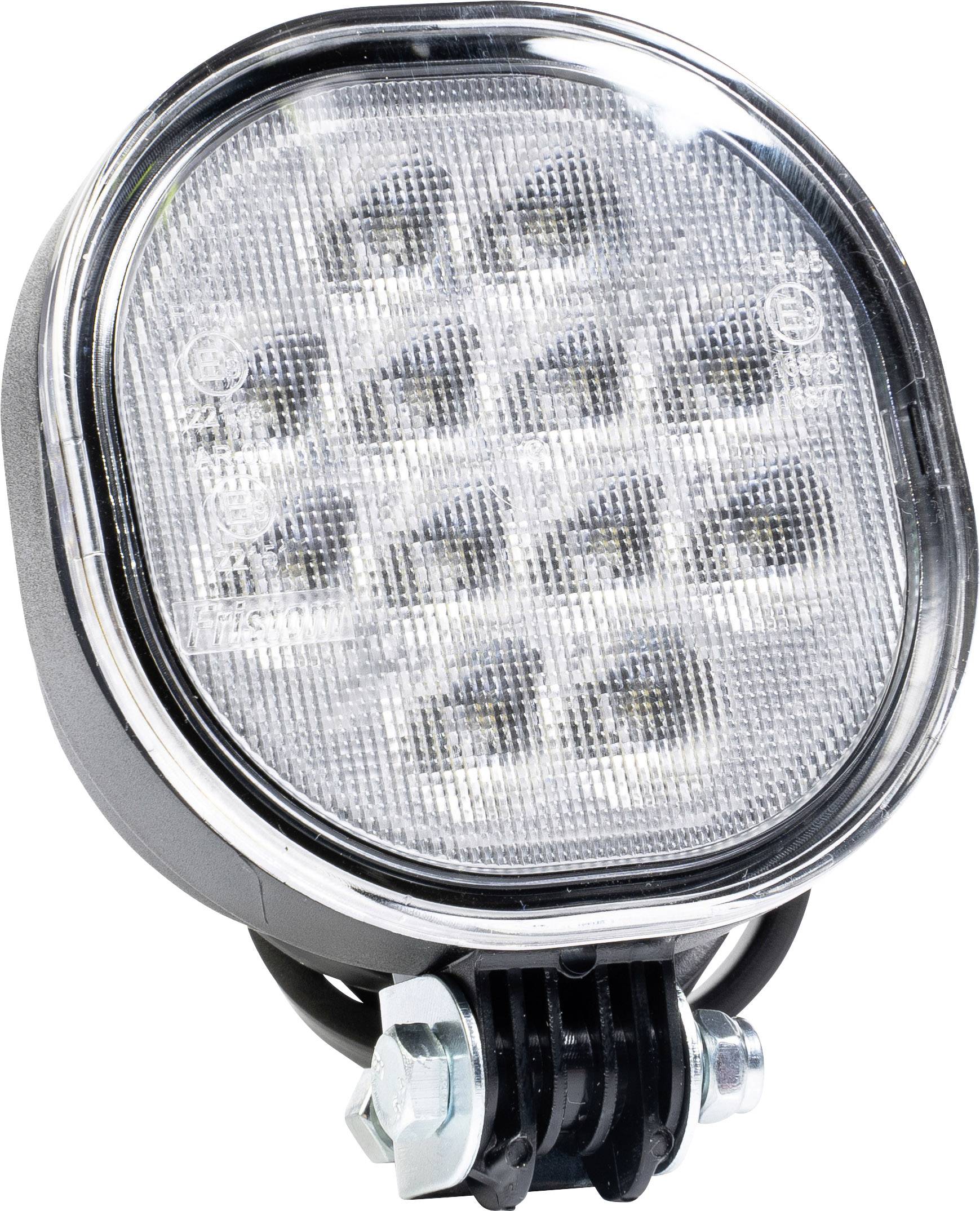 Kulatá, stříbrná LED svítilna s průhledným krytem, uvnitř které je vidět několik LED žárovek, upevněná na držáku.