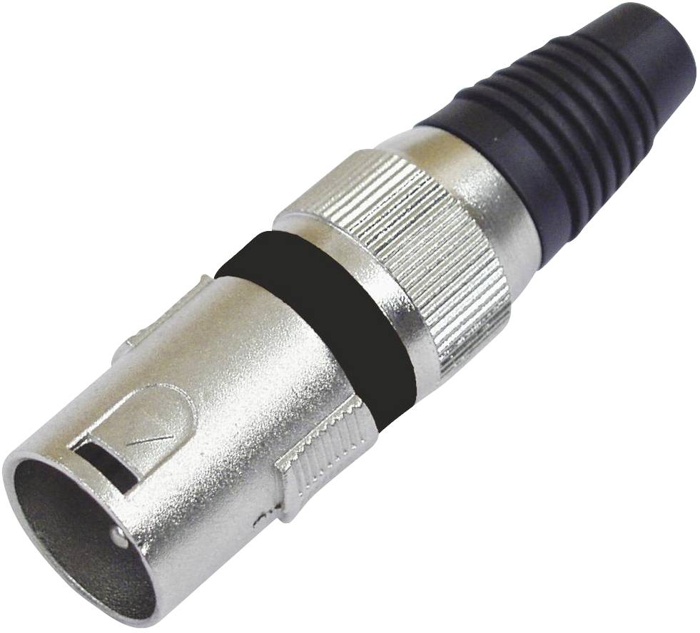 Stříbrný a černý konektor, často používaný pro audio připojení, s vroubkovaným pouzdrem pro lepší uchopení.