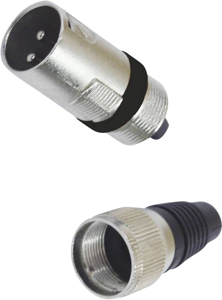 XLR konektor a XLR zásuvka pro propojení audiopřístrojů, kovové s černými plastovými prvky, každý s třemi kolíky/kontakty.