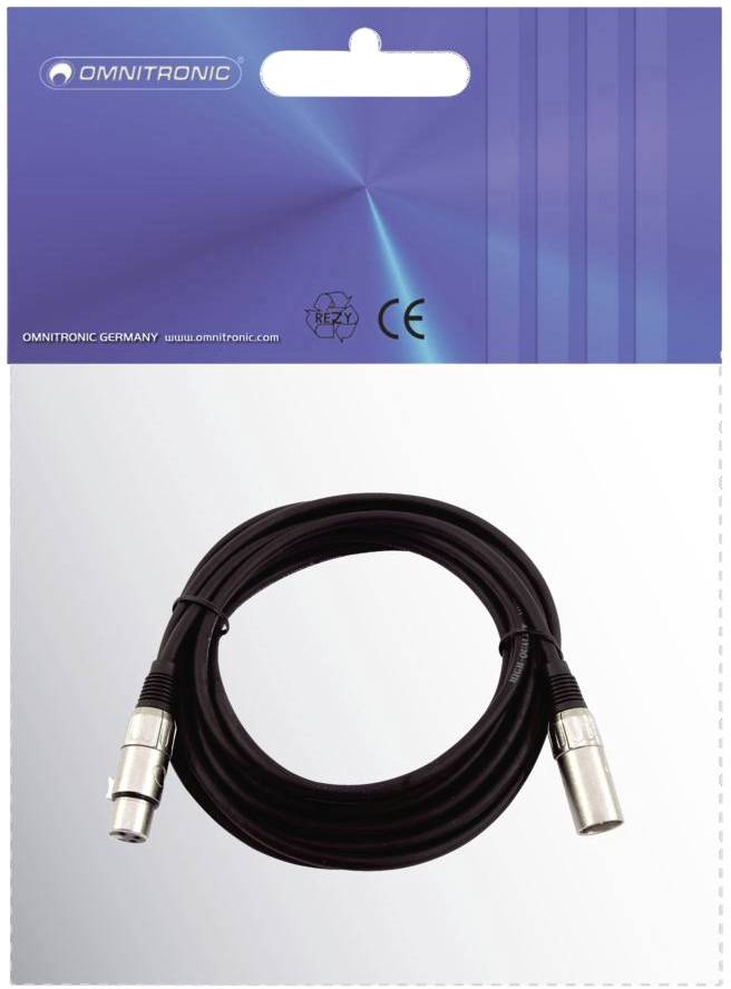 Produktová fotografie XLR kabelu značky Omnitronic, 3-pinový. Obal zobrazuje název značky a certifikační značku CE. Kabel je černý, přibližně 3 metry dlouhý.