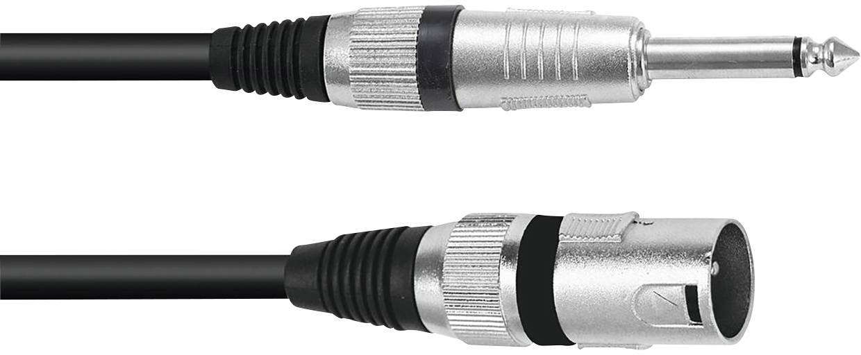 XLR a kabel 6,35 mm jack černý se stříbrnými kovovými konektory, často používaný v audiotechnice a hudebních zařízeních.