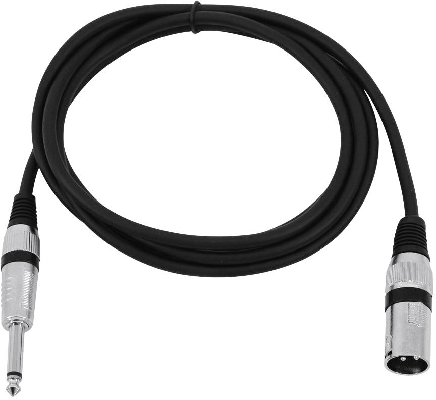 Černý audiokabel s 6,3mm jack konektorem a XLR konektorem na koncích, na světlém pozadí.
