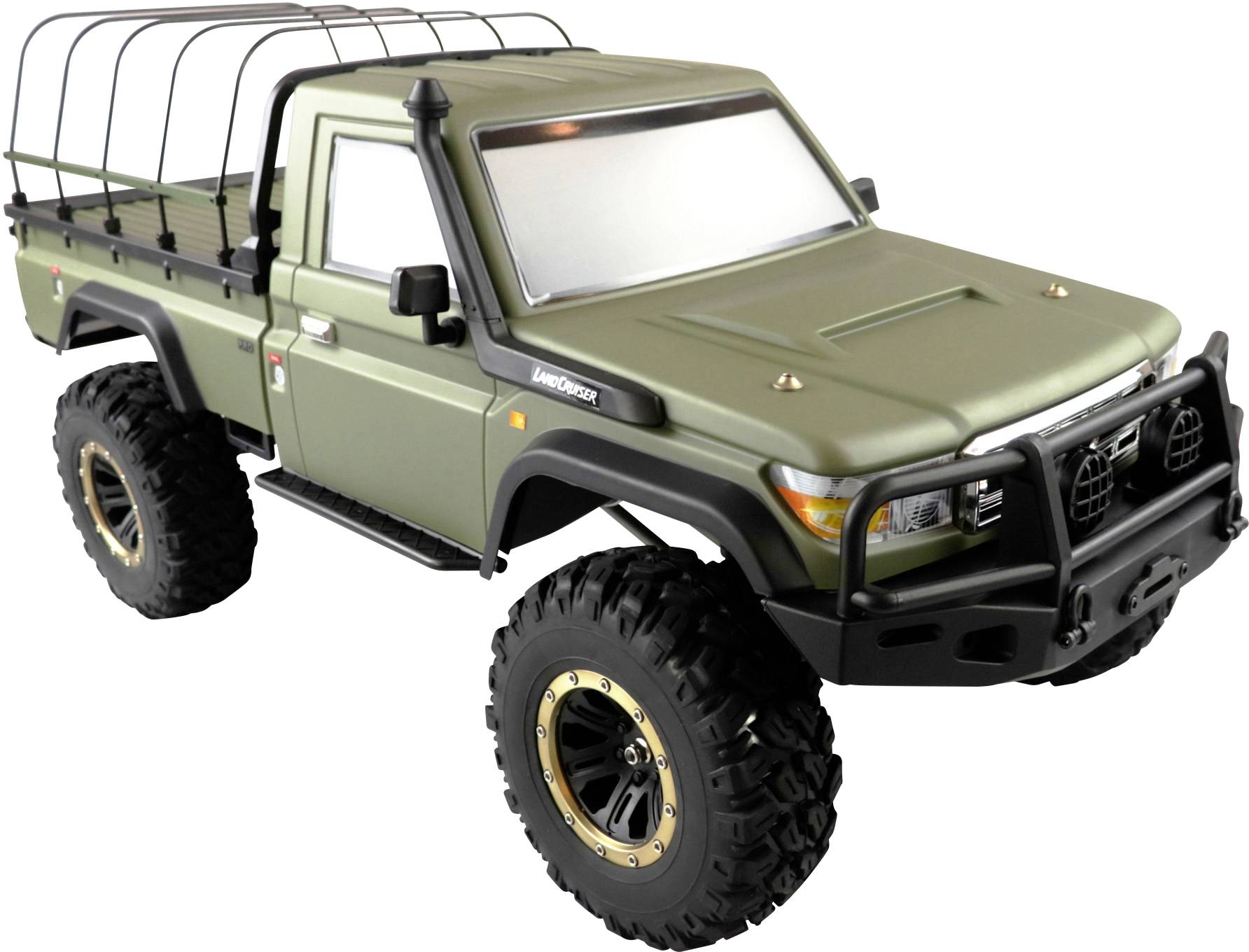 Zelený dálkově ovládaný modelový pickup s velkými pneumatikami a ochranným košem na ložné ploše, pohled z boku.
