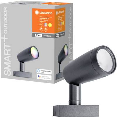 Venkovní zahradní reflektor LEDVANCE SMART+ RGB a bílé světlo, zobrazený v obalu. Kompatibilní s Amazon Alexa a Google Assistant.