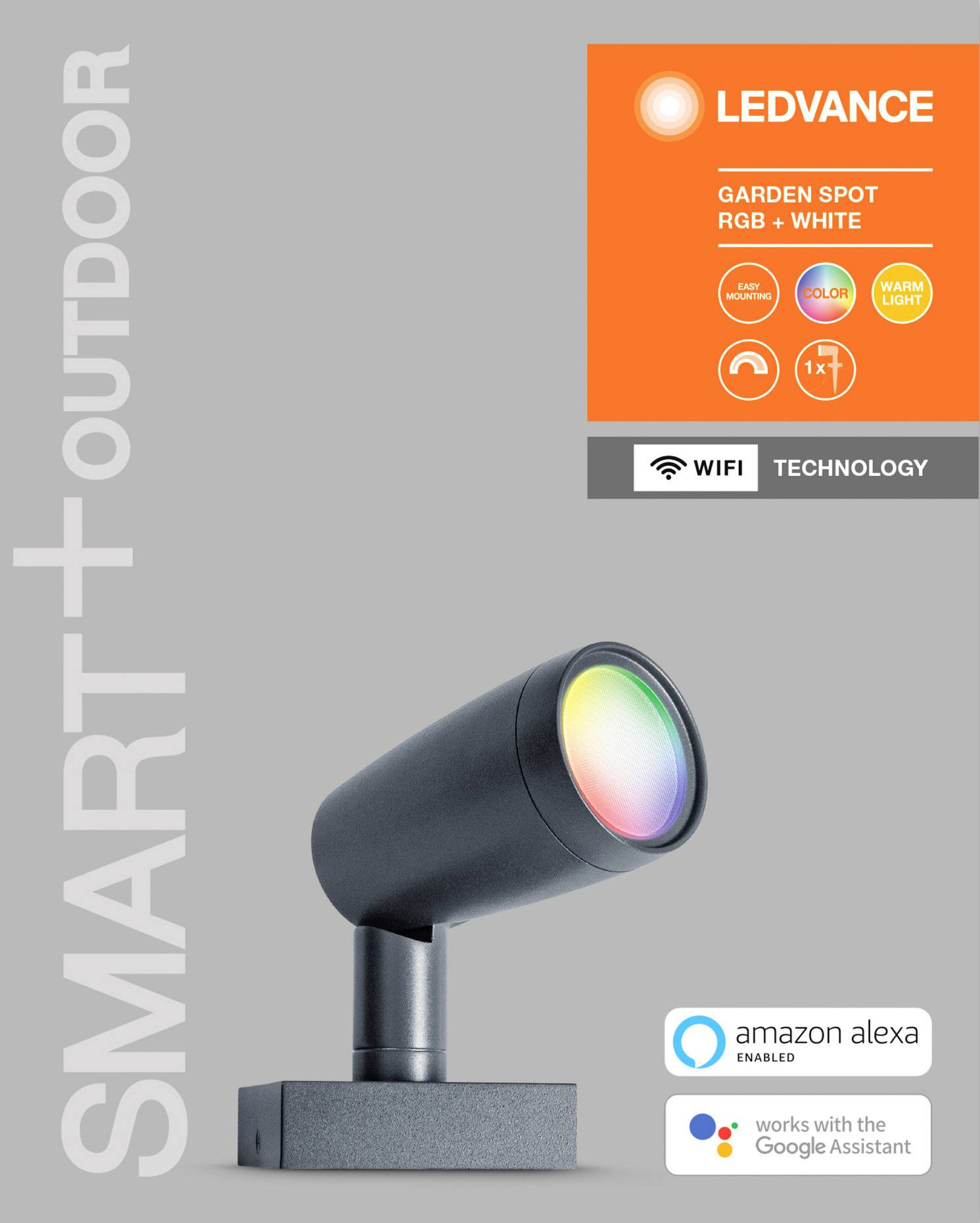 LED venkovní reflektor od Ledvance, RGB+W, s technologií Wi-Fi. Kompatibilní s Amazon Alexou a Google Assistantem.
