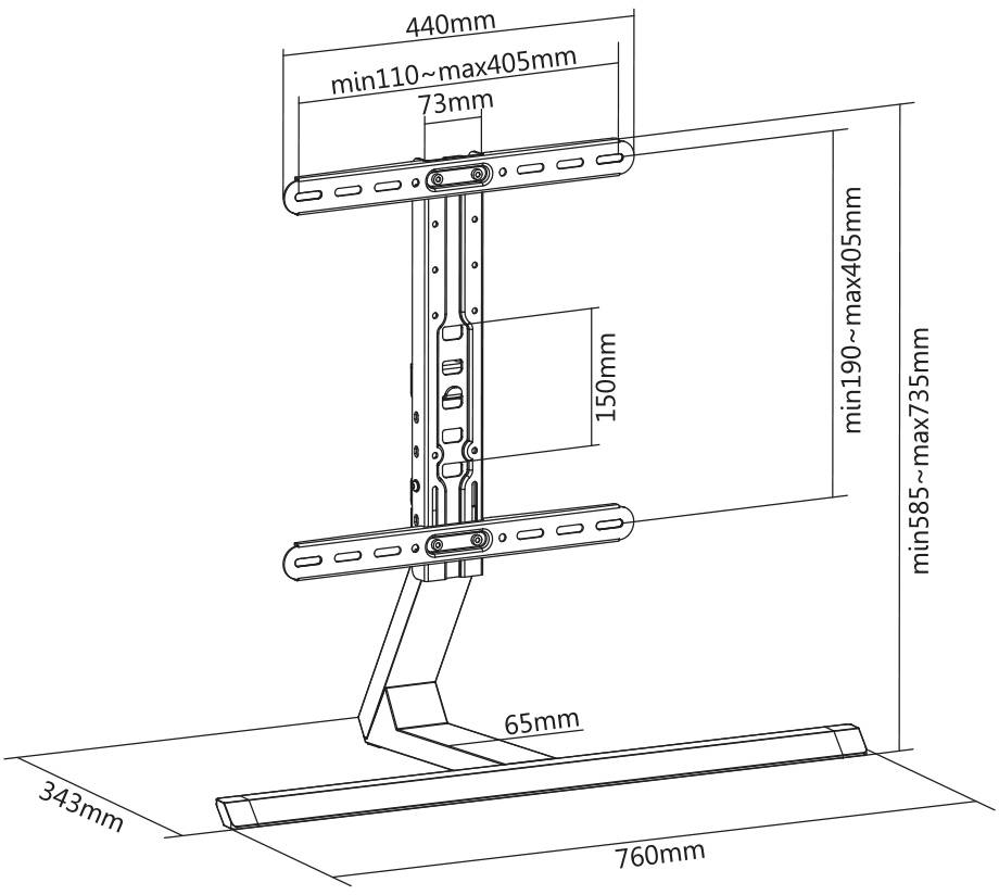 Diagram TV stojanu s rozměry: Celková výška 585-735 mm, šířka 760 mm, hloubka 343 mm. Nastavitelný držák 190-405 mm vysoký.