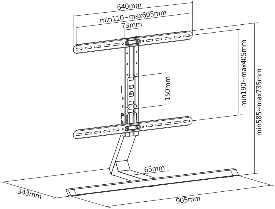 Prezentace TV stojanu s rozměry: šířka 905 mm, výška nastavitelná mezi 585–735 mm a minimální výška 110 mm.