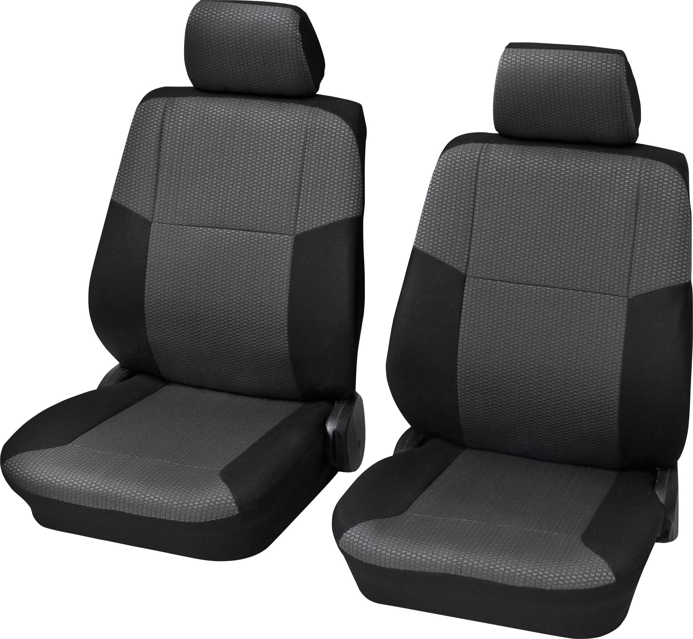 Dva černé potahy na autosedačky s šedým vzorem a opěrkami hlavy, umístěné vedle sebe, ukazují moderní design.