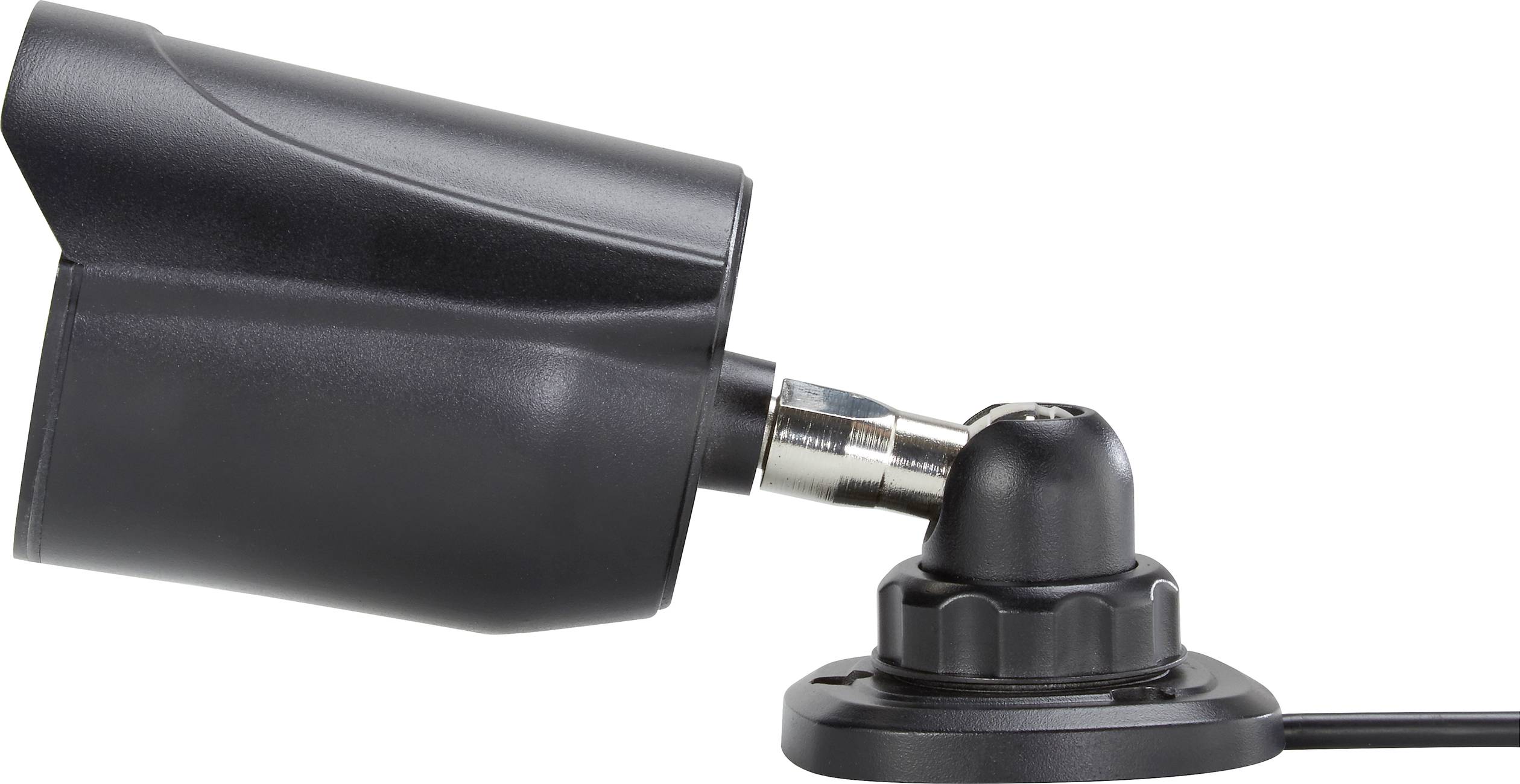 Černá bezpečnostní kamera umístěná po straně je nasměrována doleva. Je upevněna na nastavitelném podstavci.