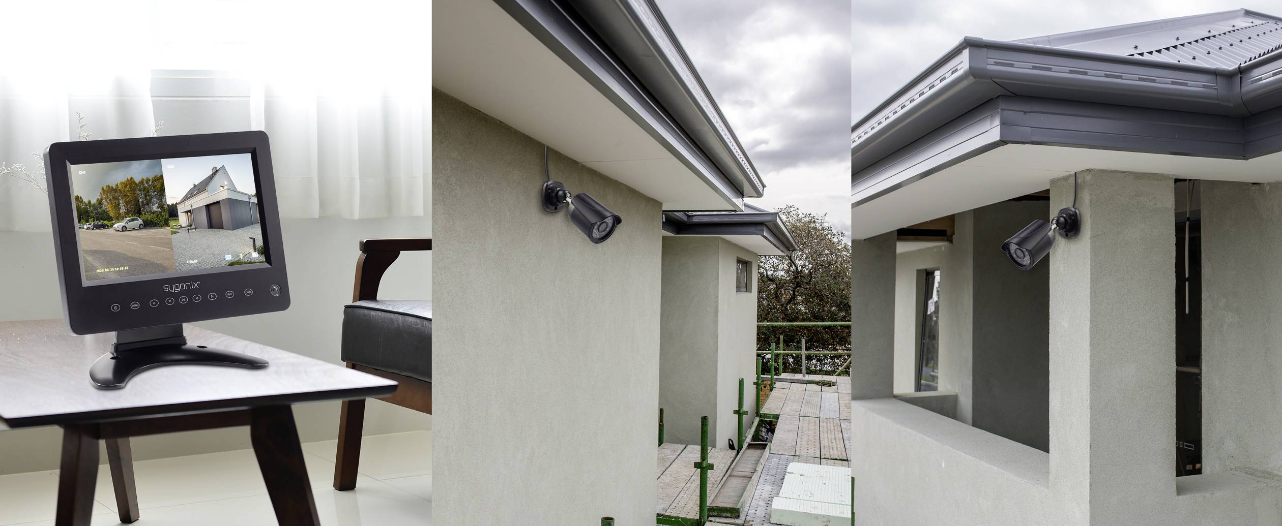 Koláž znázorňuje sledovací systém: vlevo monitor s obrazem z kamery, vpravo kamera na vnější straně budovy.
