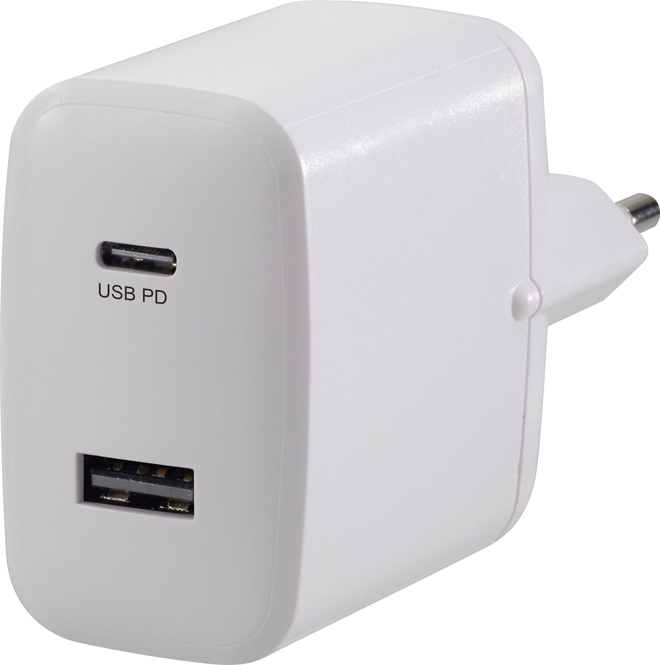 Bílá USB nabíječka s USB-C a USB-A porty, označená štítkem 'USB PD', vhodná pro rychlé nabíjení zařízení.