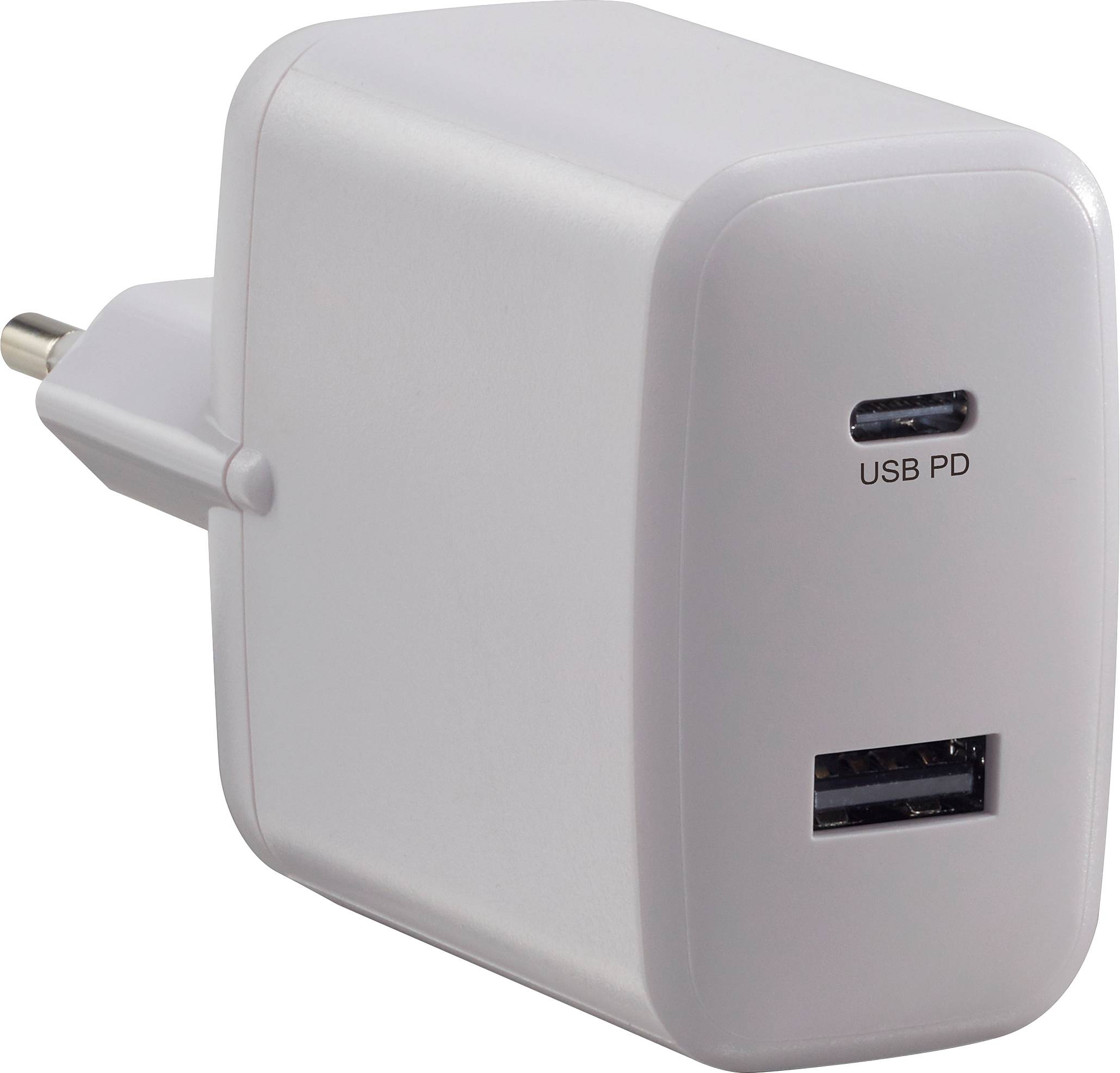USB nabíječka se síťovým adaptérem a dvěma porty: USB-C nahoře, USB-A dole. Označená jako 'USB PD'.