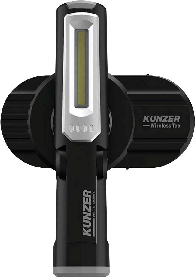Přenosná LED lampa od Kunzeru, bezdrátový design, vhodná do dílny nebo garáže. Černé pouzdro s integrovanou rukojetí.