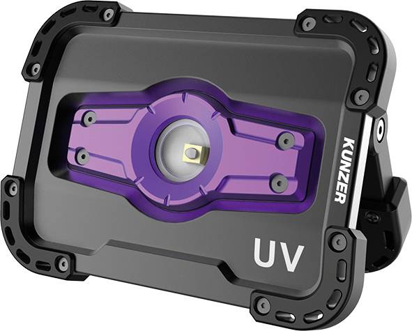 Přenosná UV lampa s odolným krytem a třemi stabilními stojkami, vhodná pro profesionální použití v dílnách.