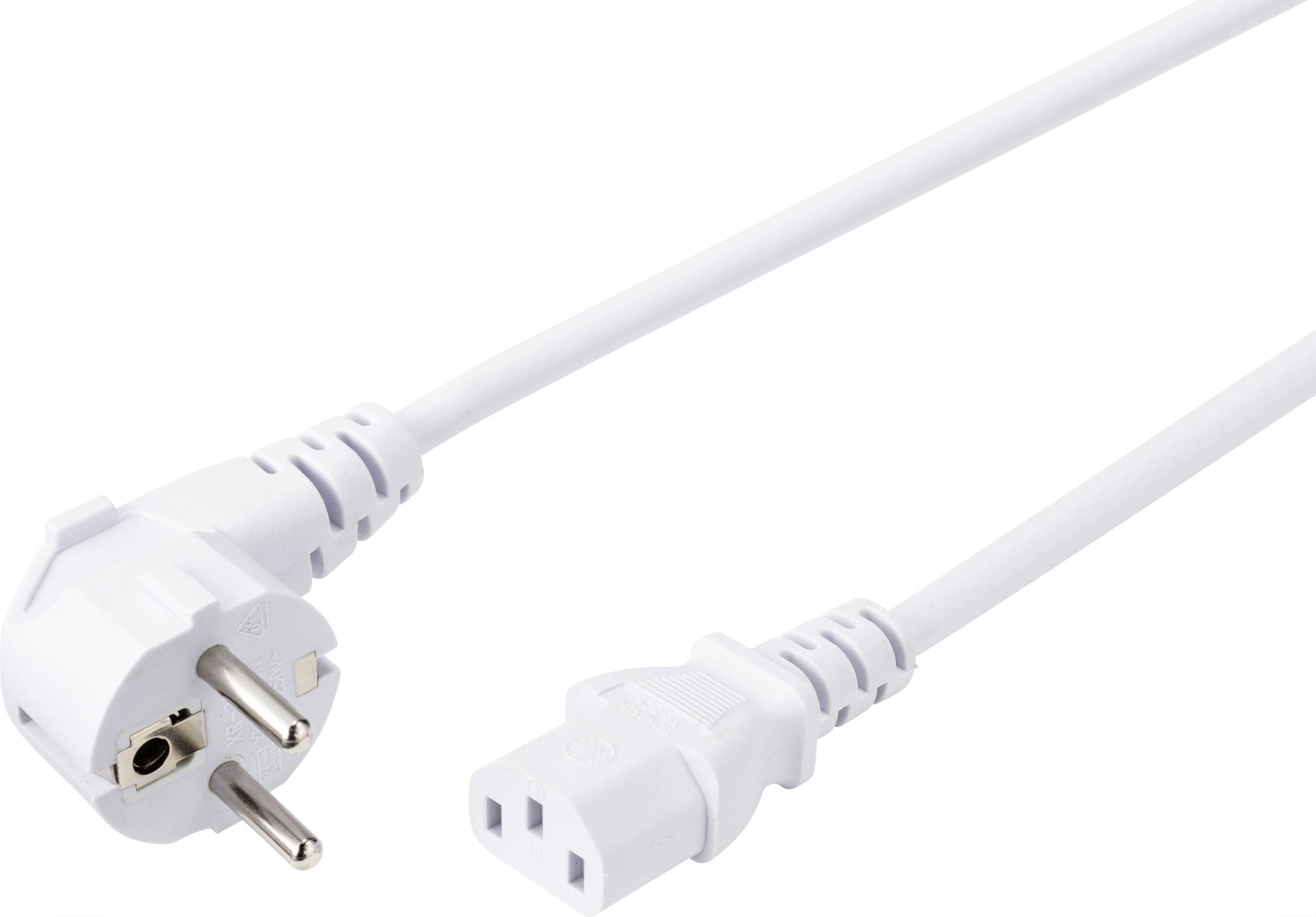 Bílý síťový kabel s běžnou síťovou vidlicí vlevo a třípólovým IEC konektorem vpravo.