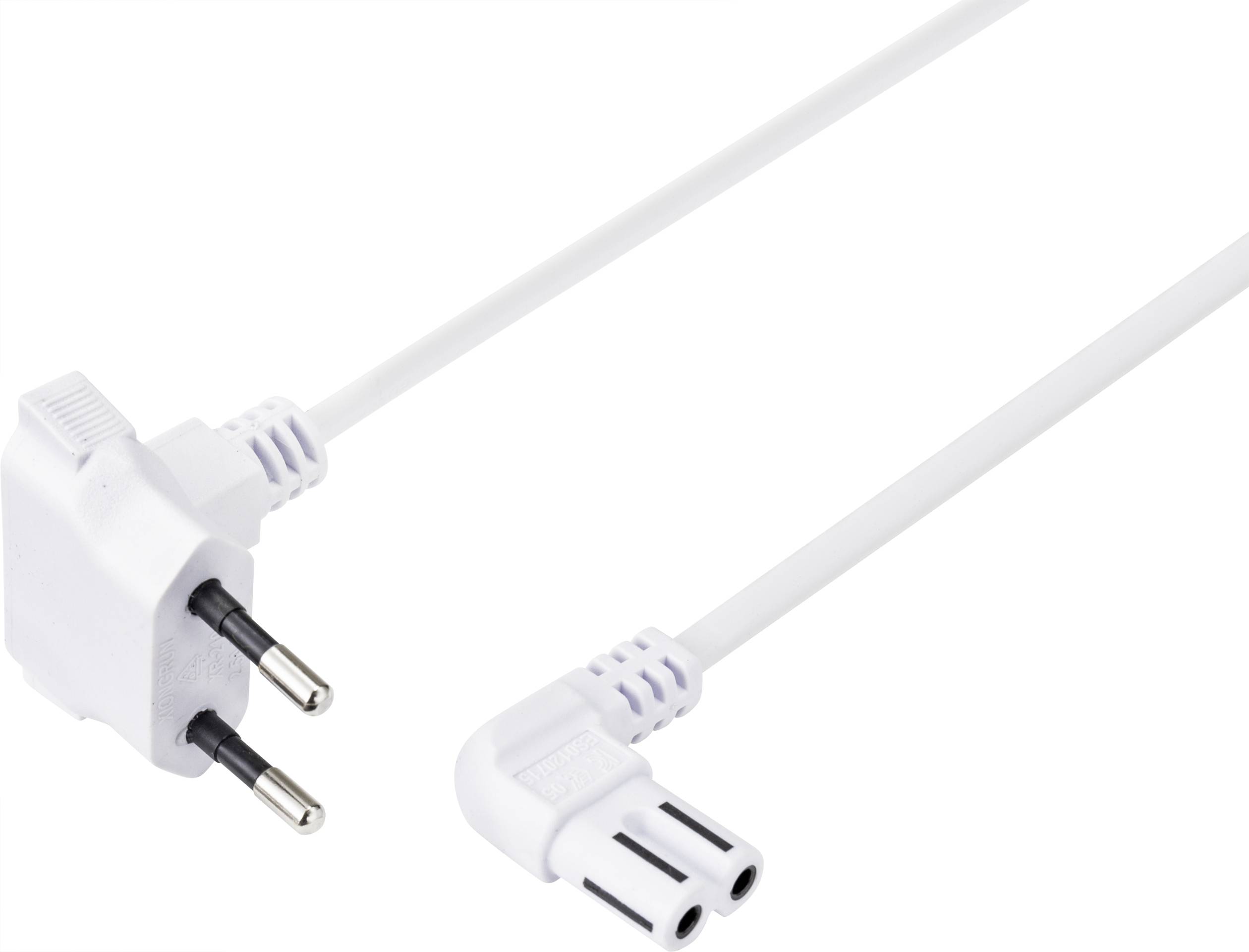 Bílý síťový kabel s dvoupólovým evropským síťovým konektorem na jedné straně a zahnutým konektorem C7 na straně druhé.