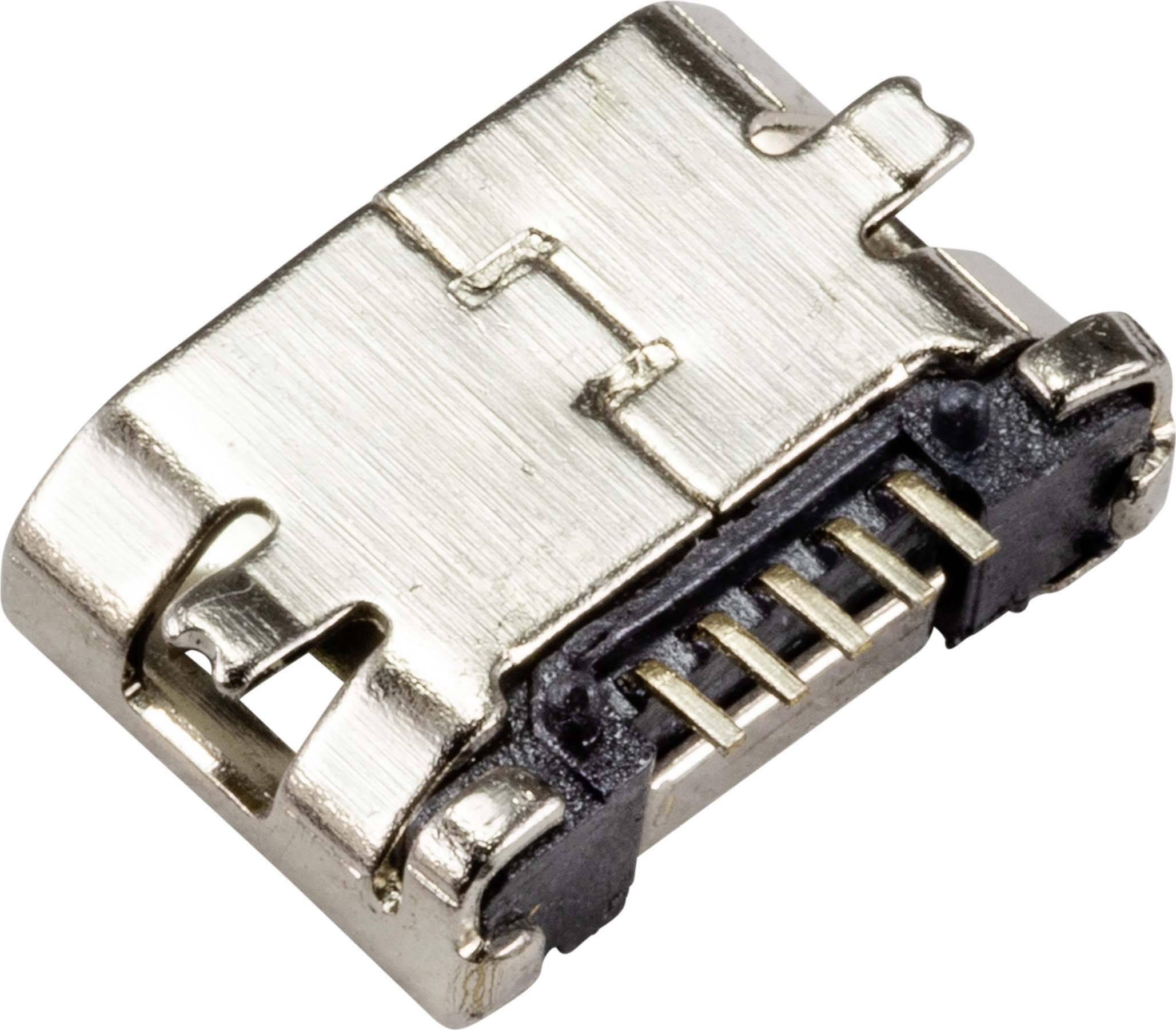 Kovový Micro-USB konektor s pěti viditelnými piny, vhodný pro přenos dat a nabíjení elektronických zařízení.