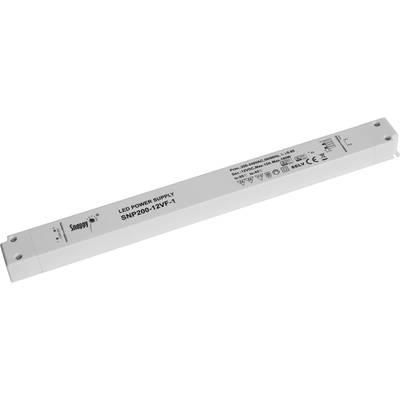 LED napájecí zdroj s modelovým číslem SNP200-12VF-1, bílý obdélníkový kryt, několik certifikačních log a technických specifikací vytištěných na povrchu.