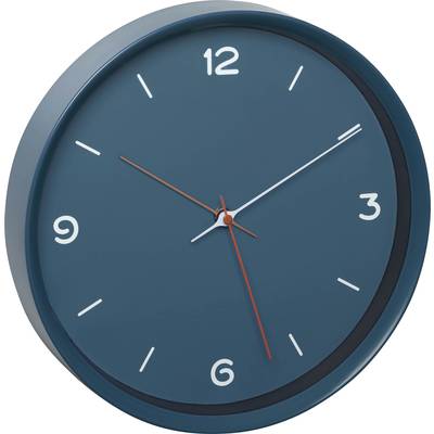 Kulaté nástěnné hodiny s tmavě modrým ciferníkem, bílými a červenými ručičkami, ukazují 10:10 hodin.