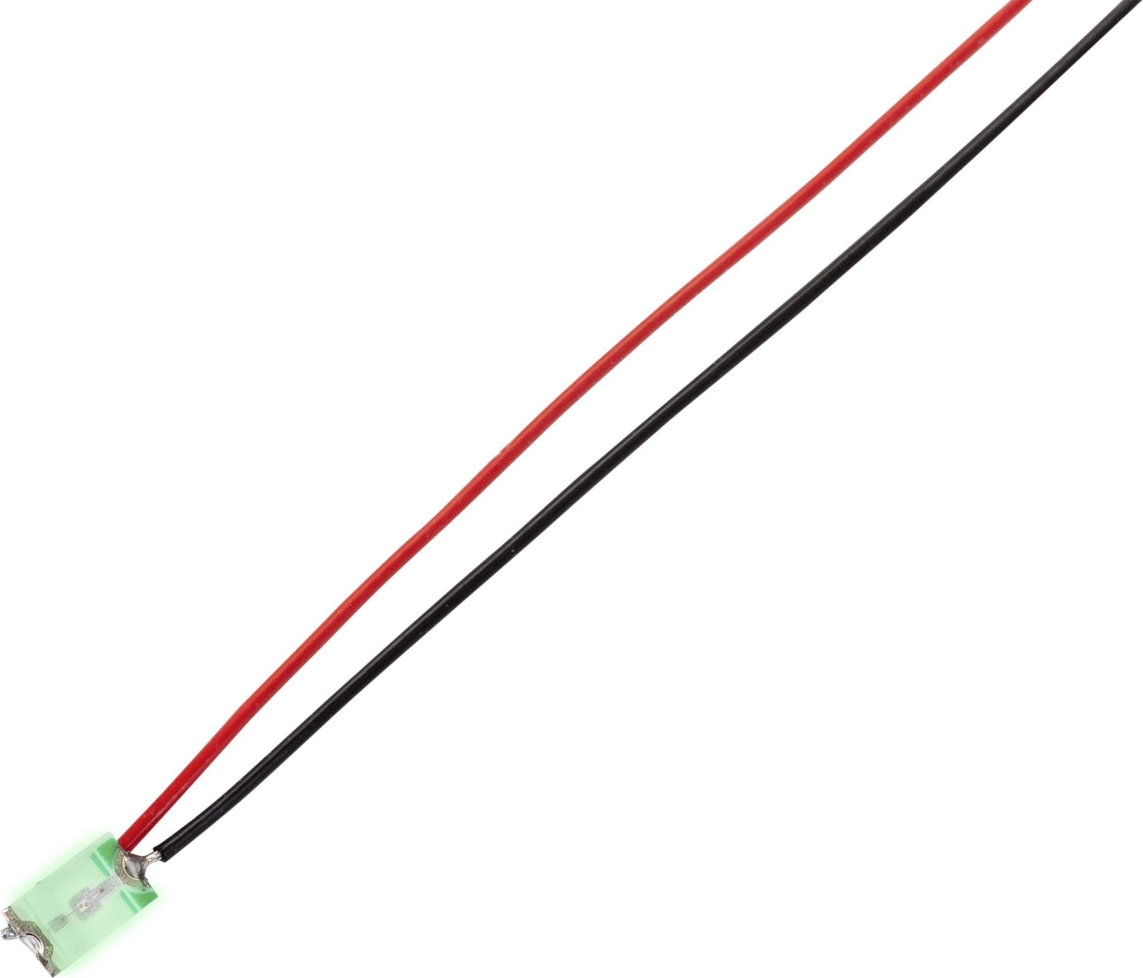 Dva barevné elektrické vodiče končí na malém zeleném konektoru.