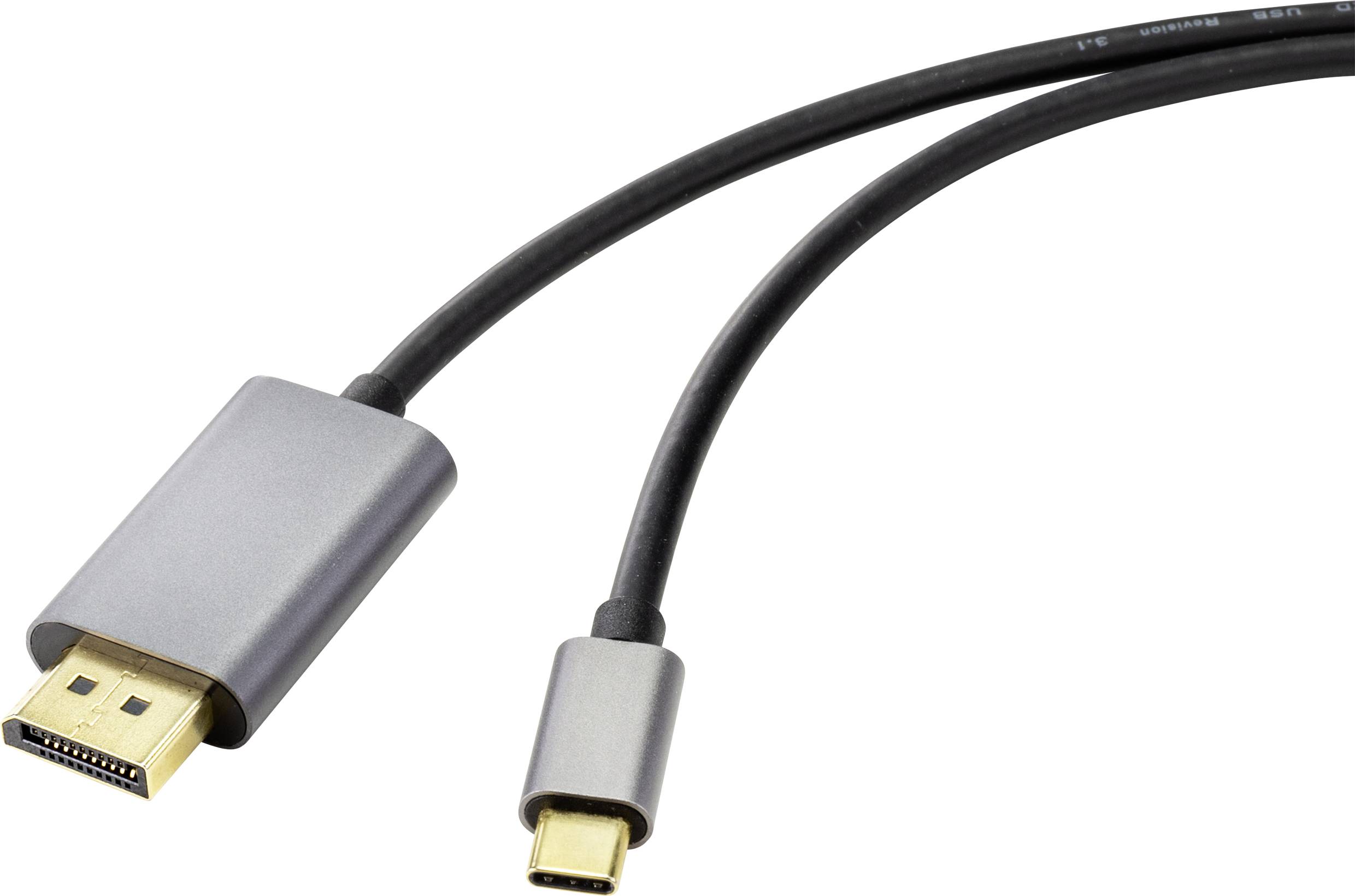 Černý kabel s konektorem USB-C na jedné straně a konektorem DisplayPort na straně druhé, určený pro přenos video a audio signálů.