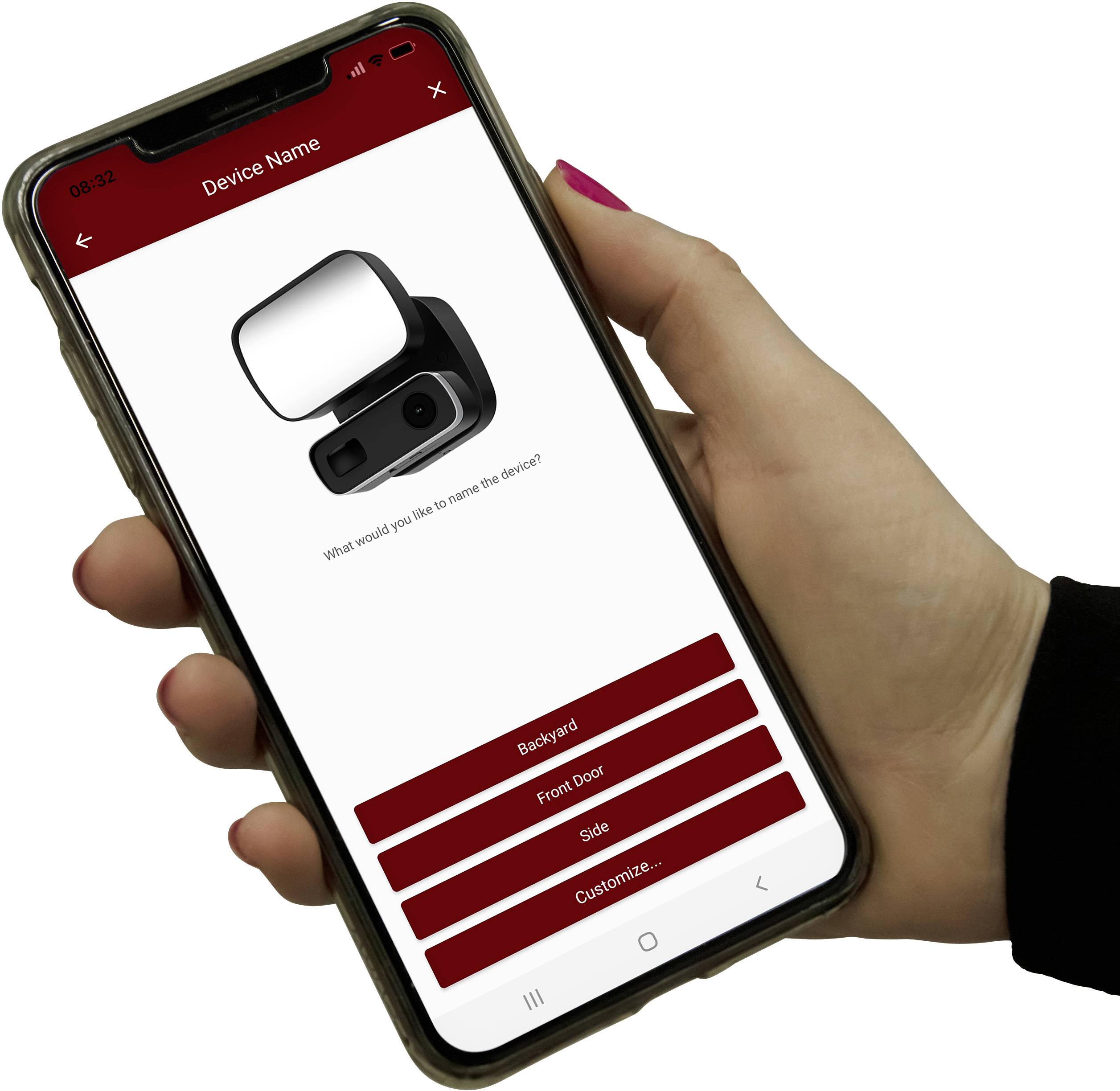 Jedna ruka drží smartphone s aplikací pro ovládání fotoaparátu. Na displeji jsou zobrazeny snímky z kamery a možnosti výběru.