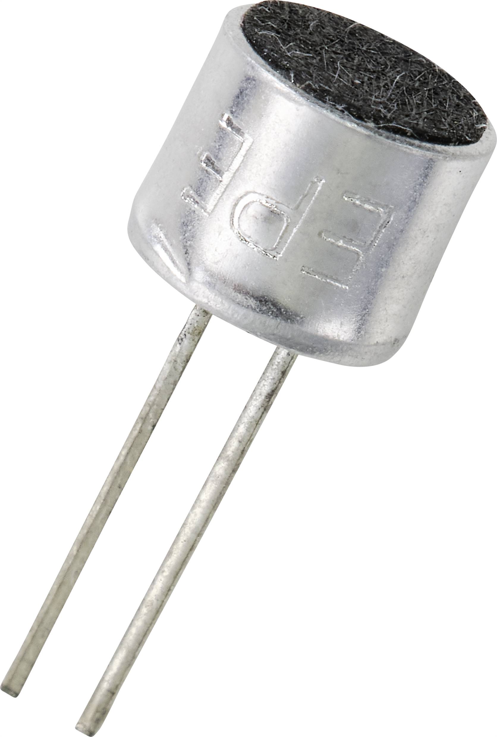 Malý cylindrický elektretový kondenzátorový mikrofon se dvěma kovovými kolíky.