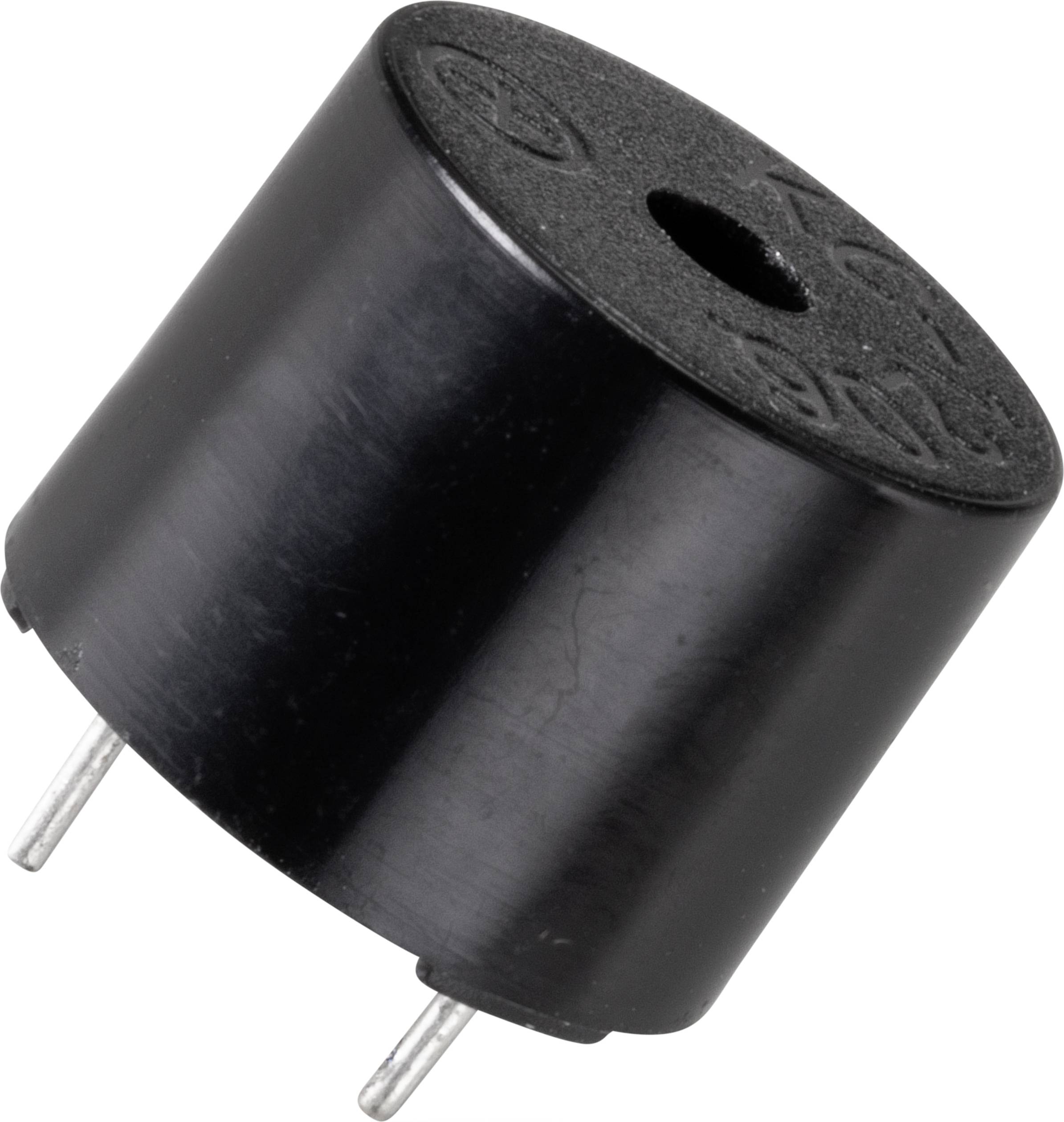 Černý cylindrický piezo-buzzer se dvěma kovovými kontakty, používaný pro generování zvuku v elektronických obvodech.