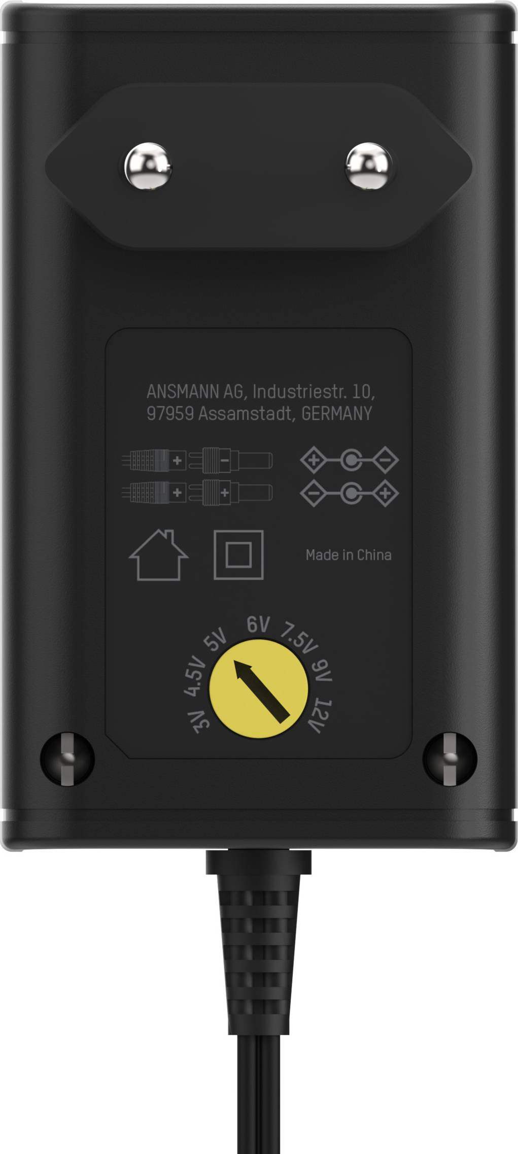 Napájecí zdroj s volitelným napětím: 3V, 4,5V, 5V, 6V, 7,5V, 9V, 12V. Logo Ansmann, vyrobeno v Číně.