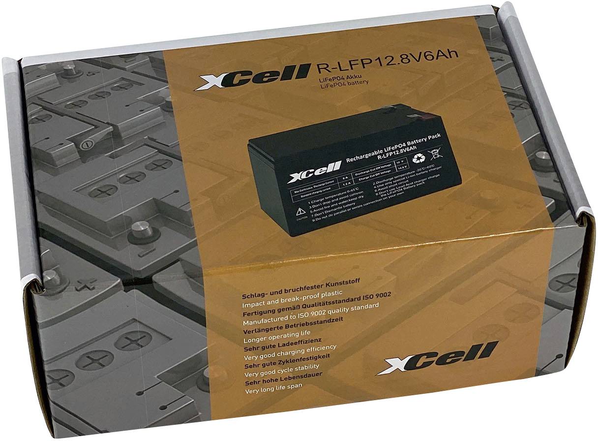 Balení obsahuje dobíjecí lithium-železo-fosfátový akumulátor značky XCell, model R-LFP12,8V6Ah, s německou produktovou informací.