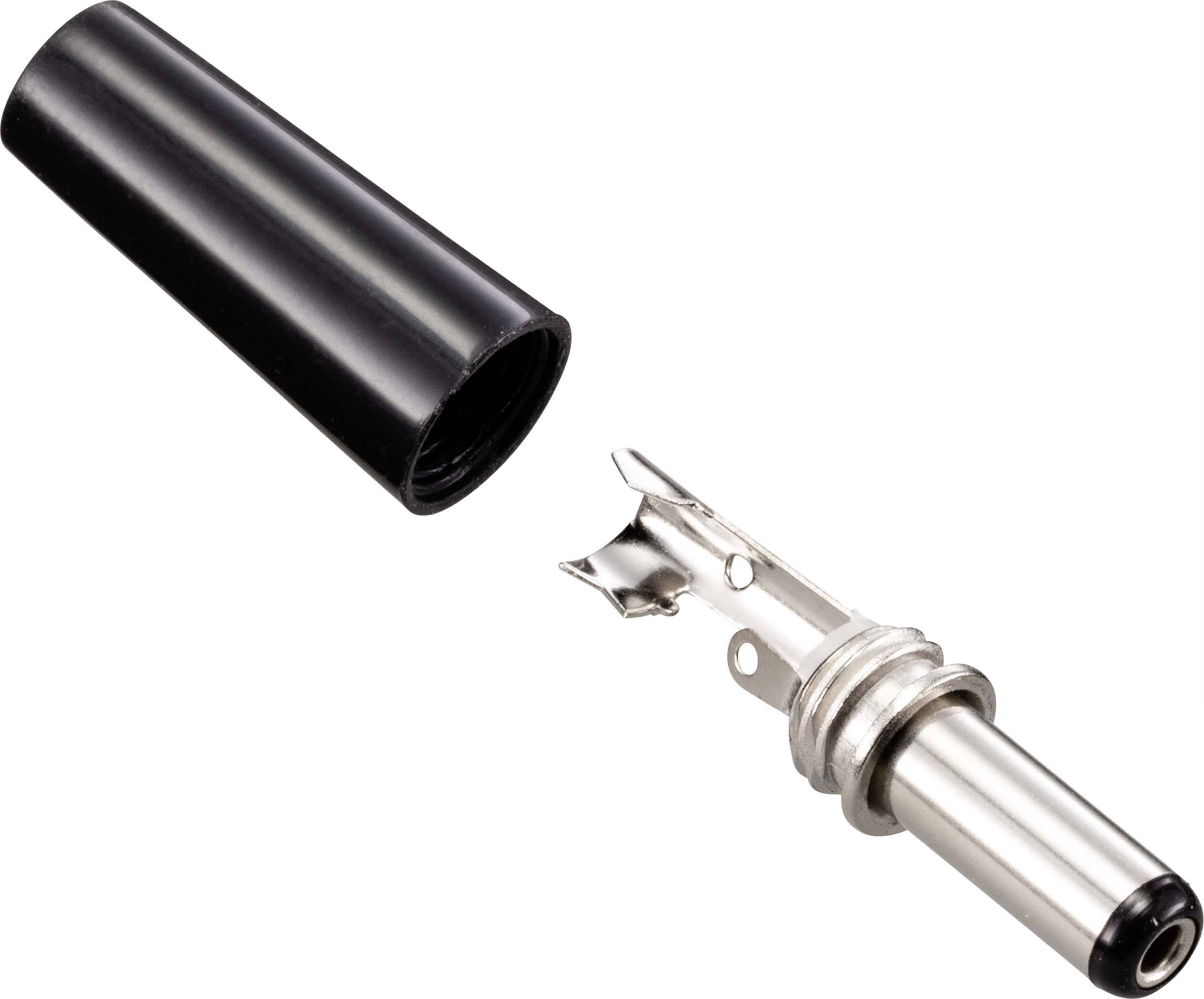 Černý plastový kryt a stříbrný kovový prvek automobilového konektoru (adaptéru do zásuvky zapalovače) jsou zobrazeny odděleně.